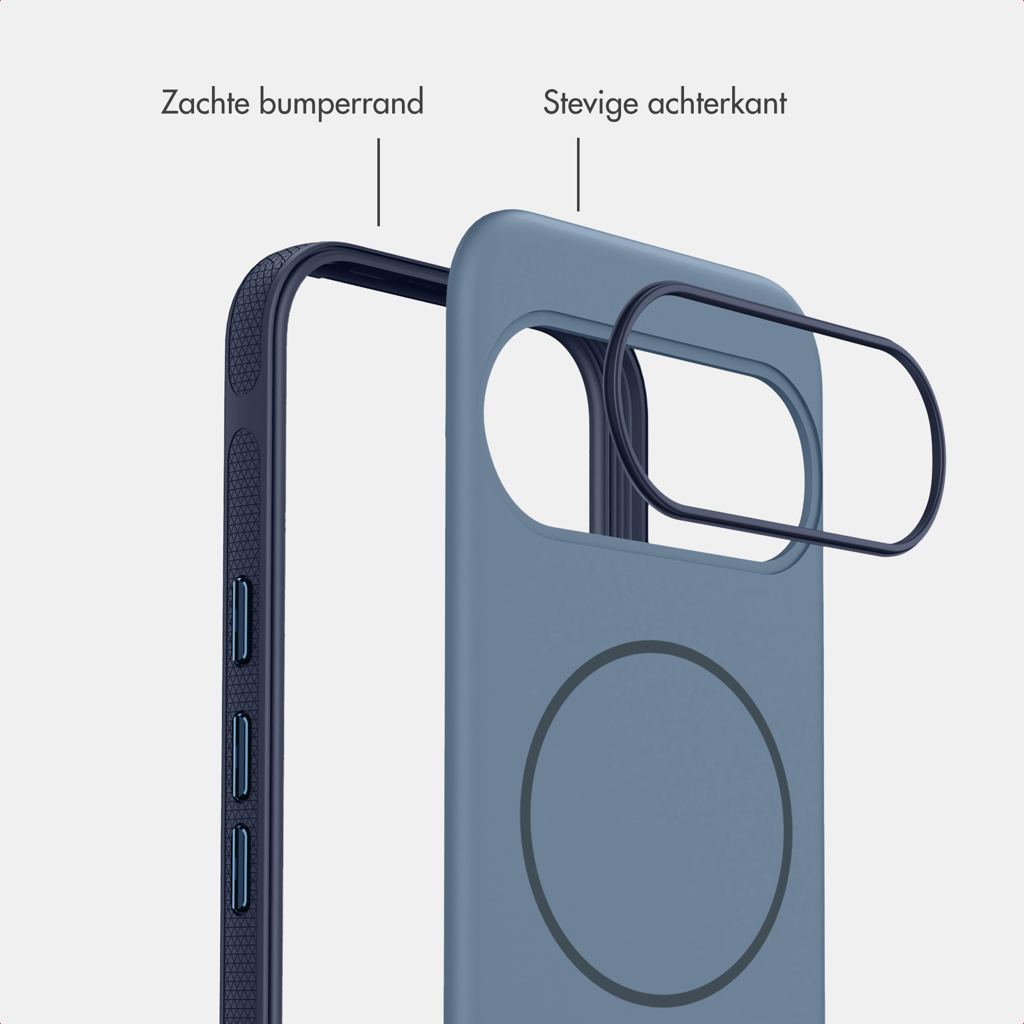 Blauwe smartphonehoes met zachte bumperrand en stevige achterkant.
