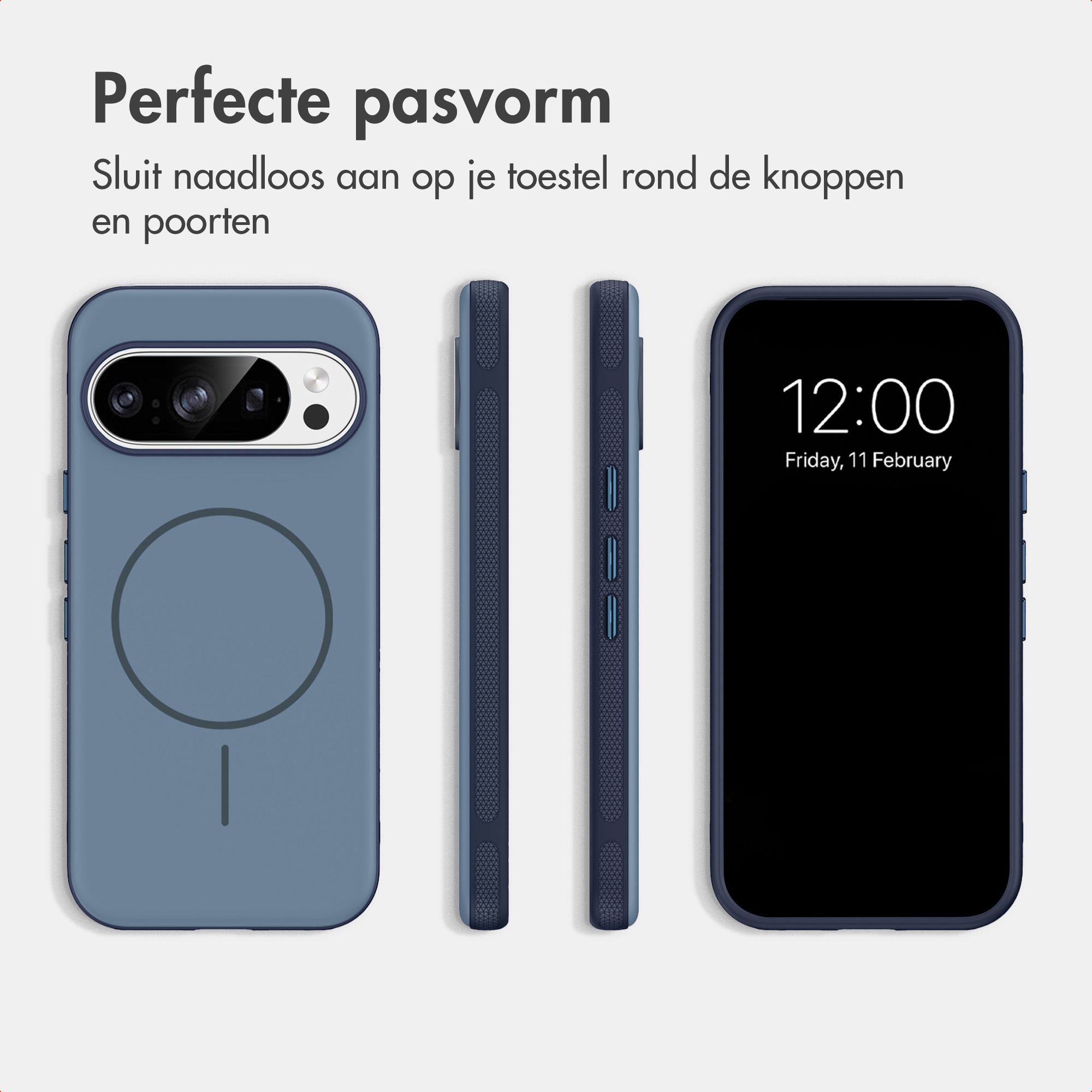 Blauwe telefoonhoes met MagSafe-ring, zijaanzichten en smartphonevoorkant.