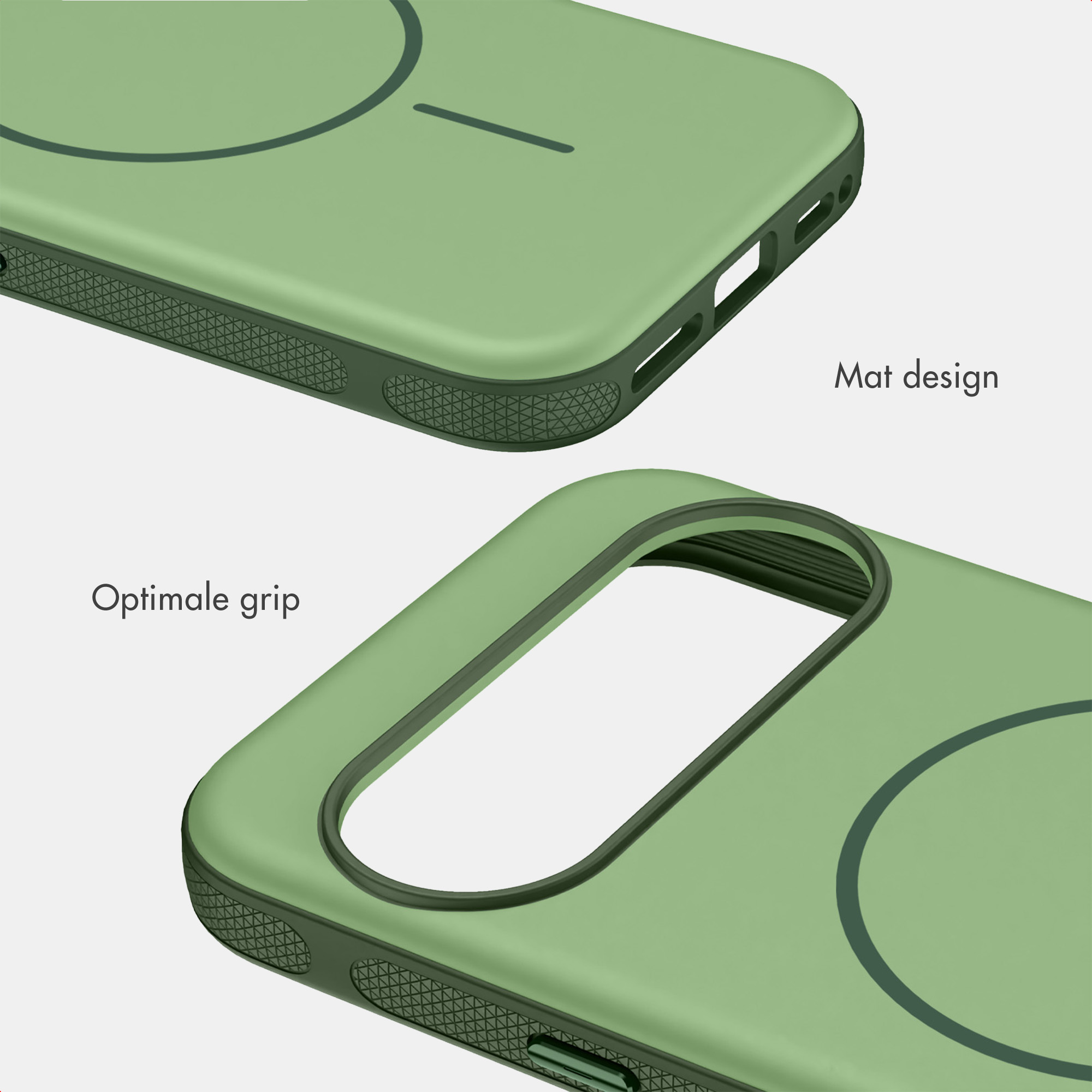 Groene telefoonhoes met mat design en gestructureerde randen voor optimale grip.