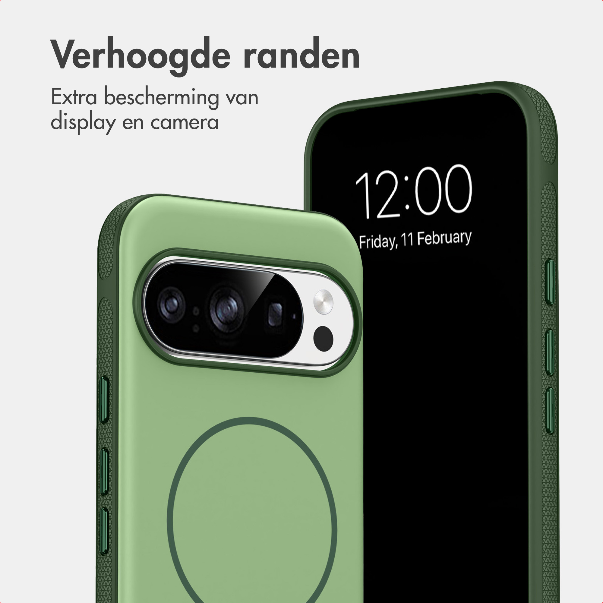 Groene telefoonhoes met verhoogde randen voor scherm- en camerabescherming, naast een smartphone.