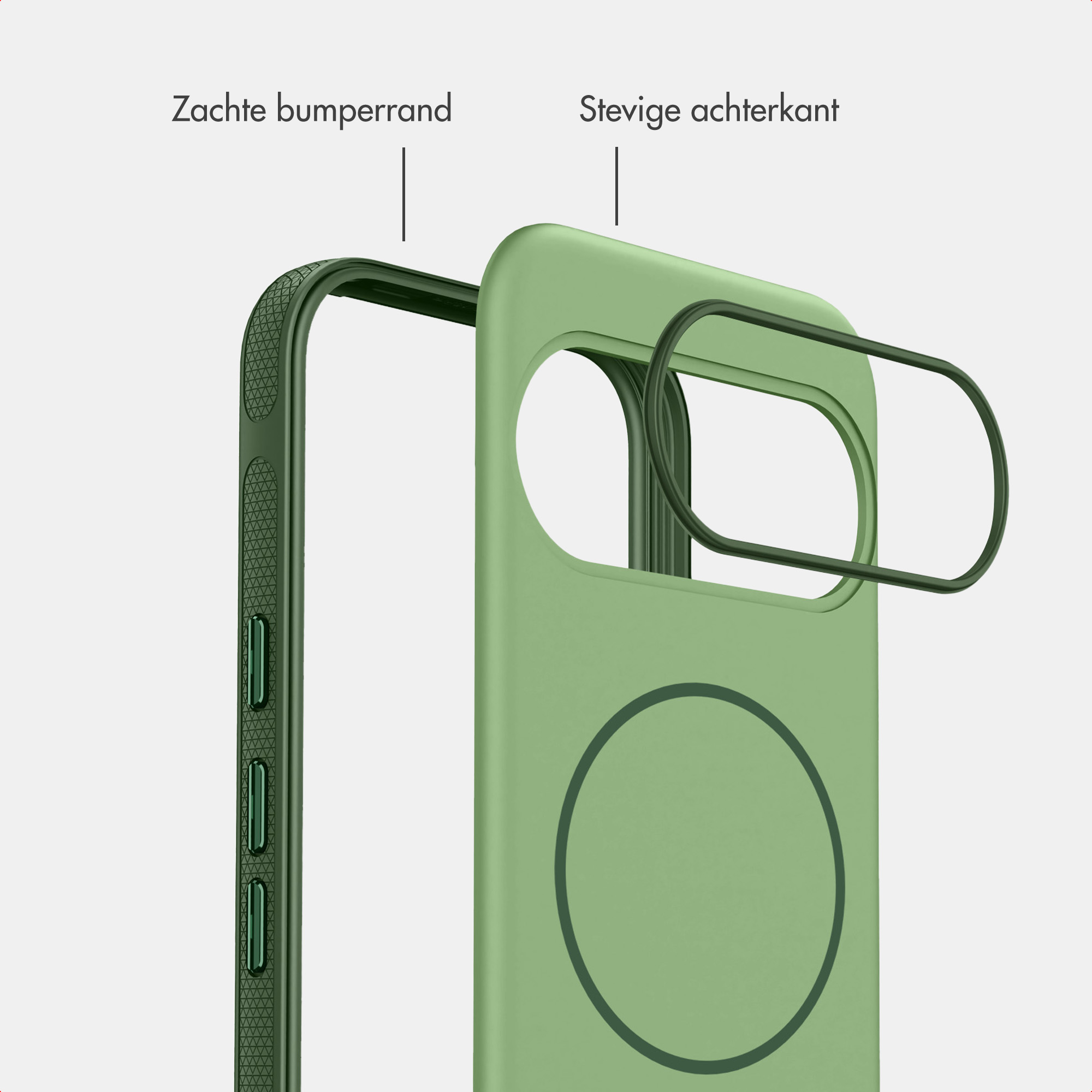 Groene telefoonhoes met zachte bumperrand en stevige achterkant.