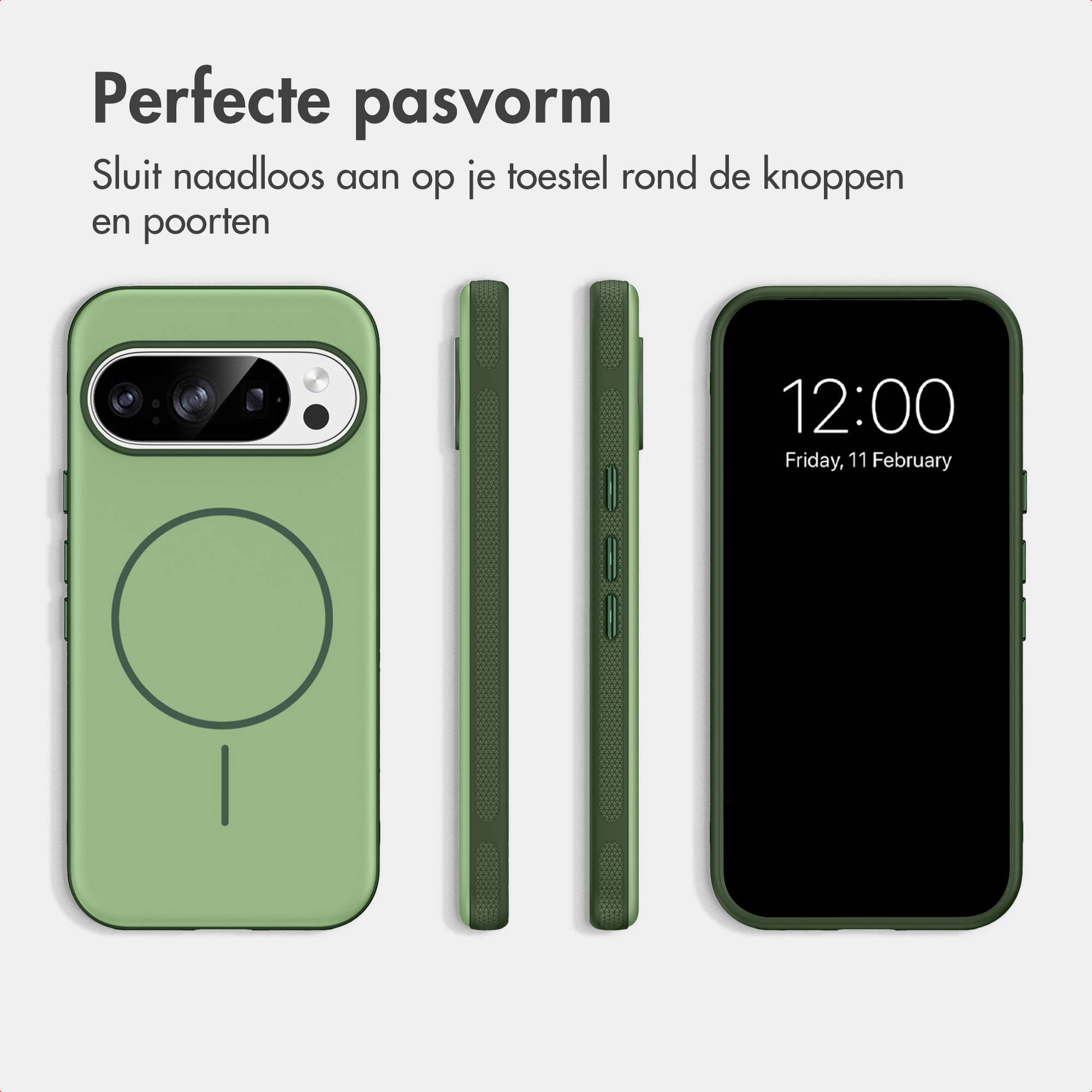 Vier weergaven van een groene telefoonhoes met de achterkant, zijkanten en voorkant.