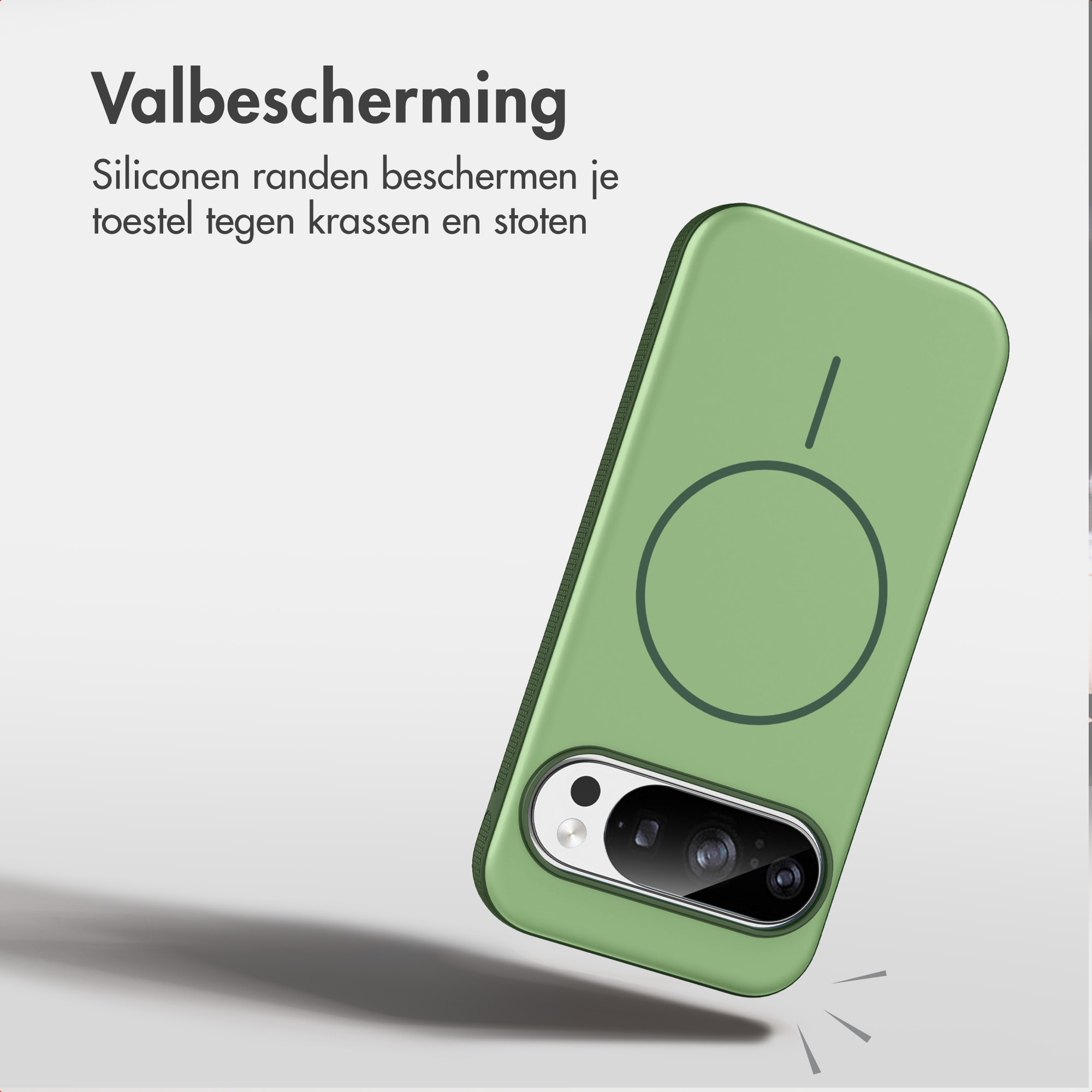 Een groene smartphone met beschermhoes en camerasysteem op een witte achtergrond.