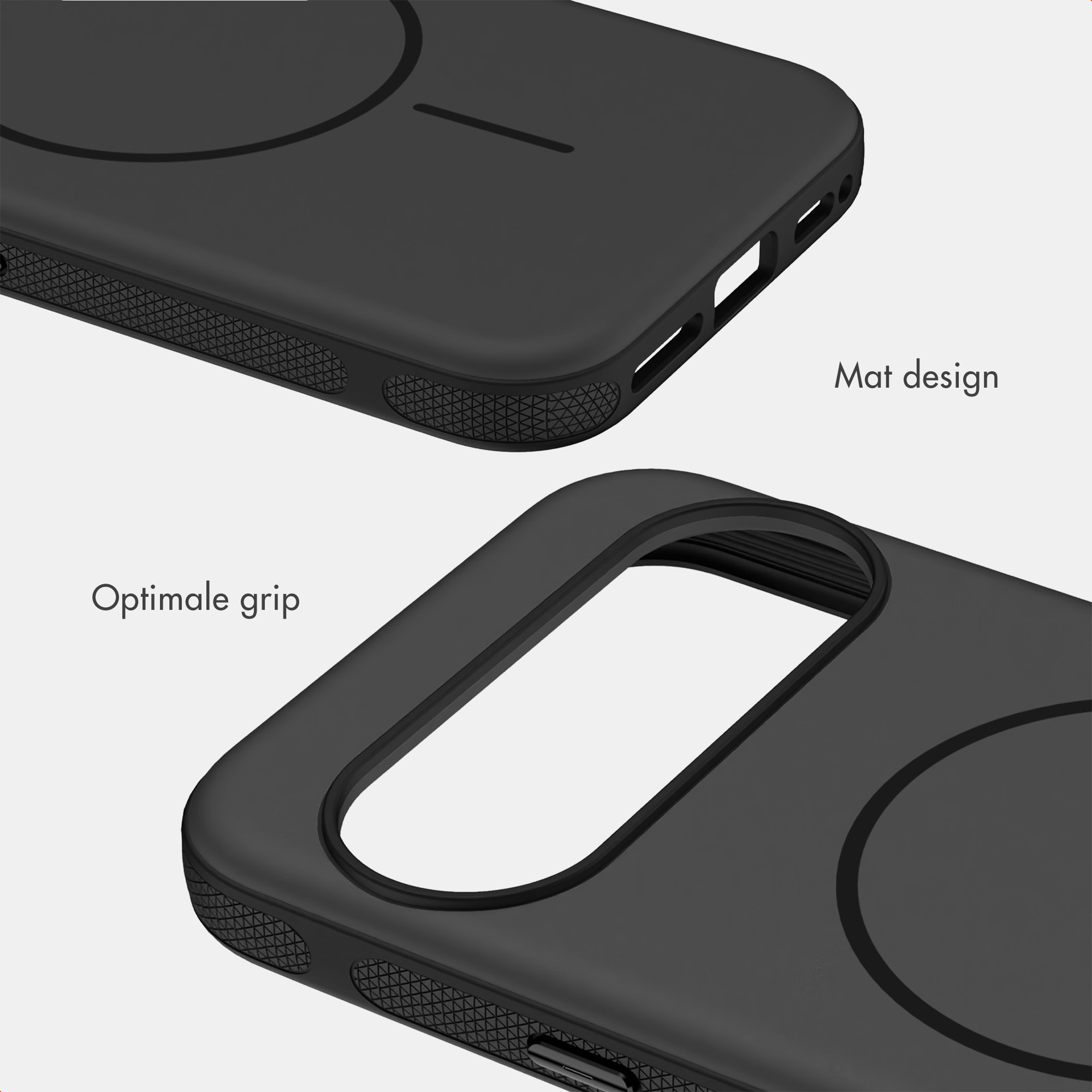 Zwarte telefoonhoes met mat design en gestructureerde zijkanten voor grip.