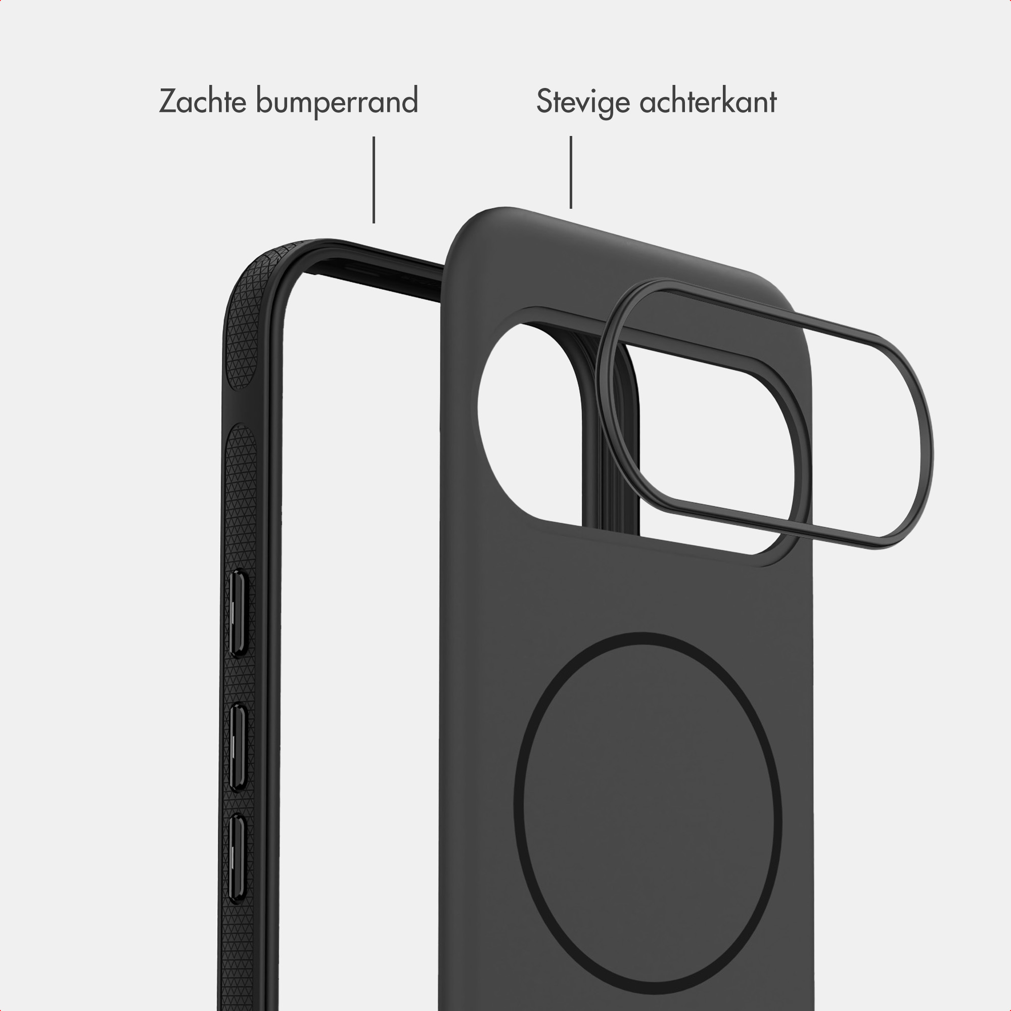 Zwarte telefoonhoes met zachte bumperrand en stevige achterkant, gelabeld met Nederlandse tekst.