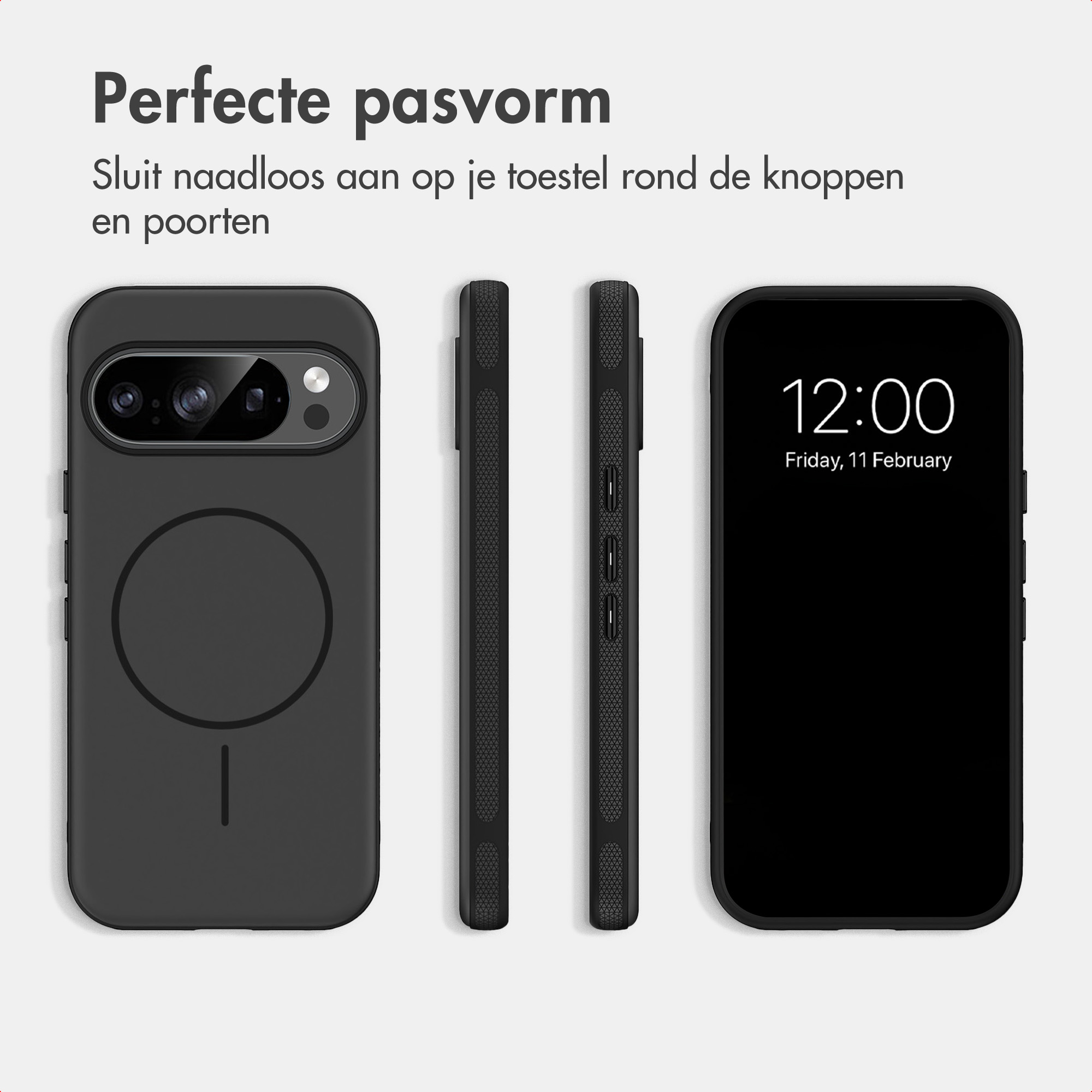 Vier weergaven van een zwarte smartphonehoes met de achterkant, zijkanten en voorkant.