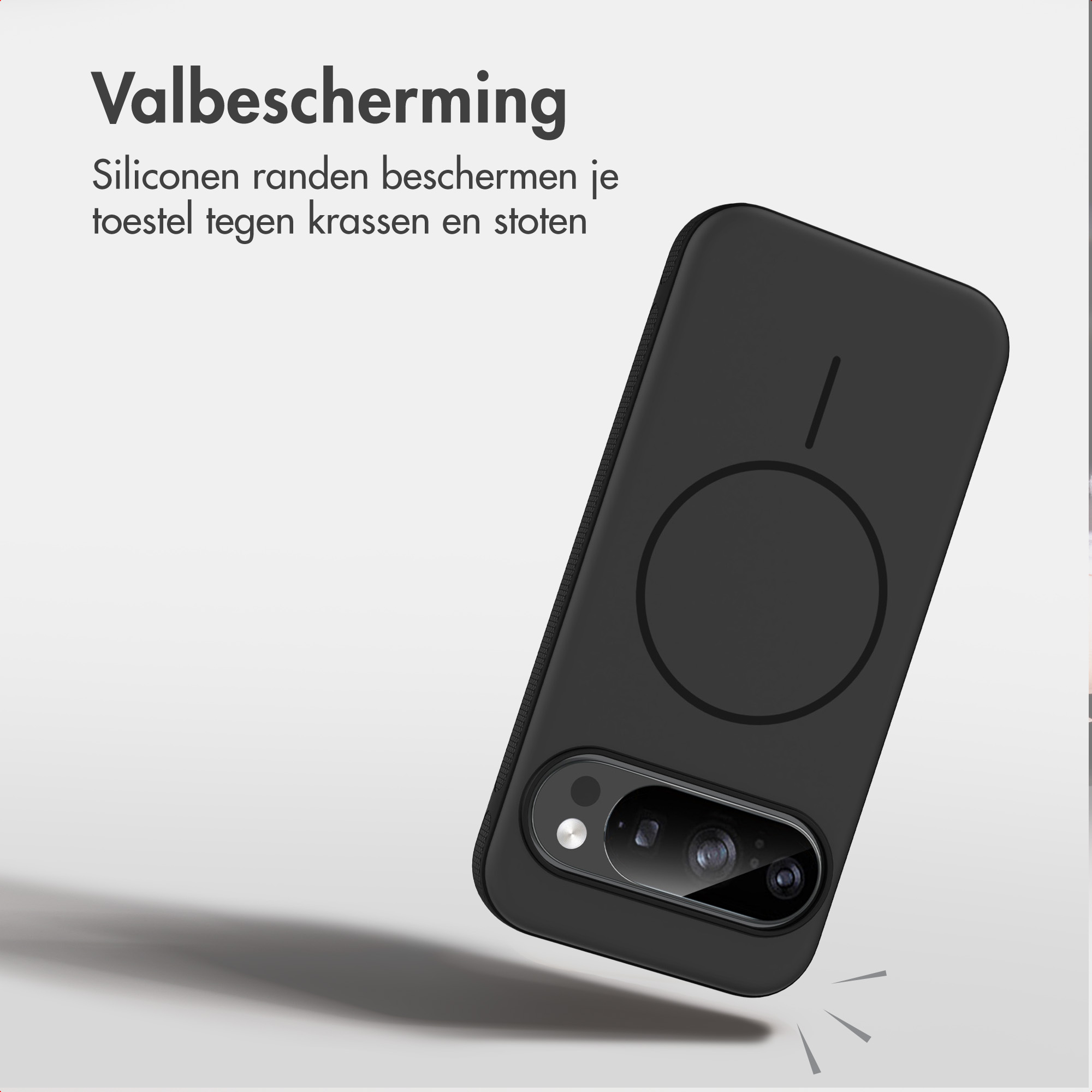 Een zwart smartphonehoesje op een lichte achtergrond met Nederlandse tekst linksboven.