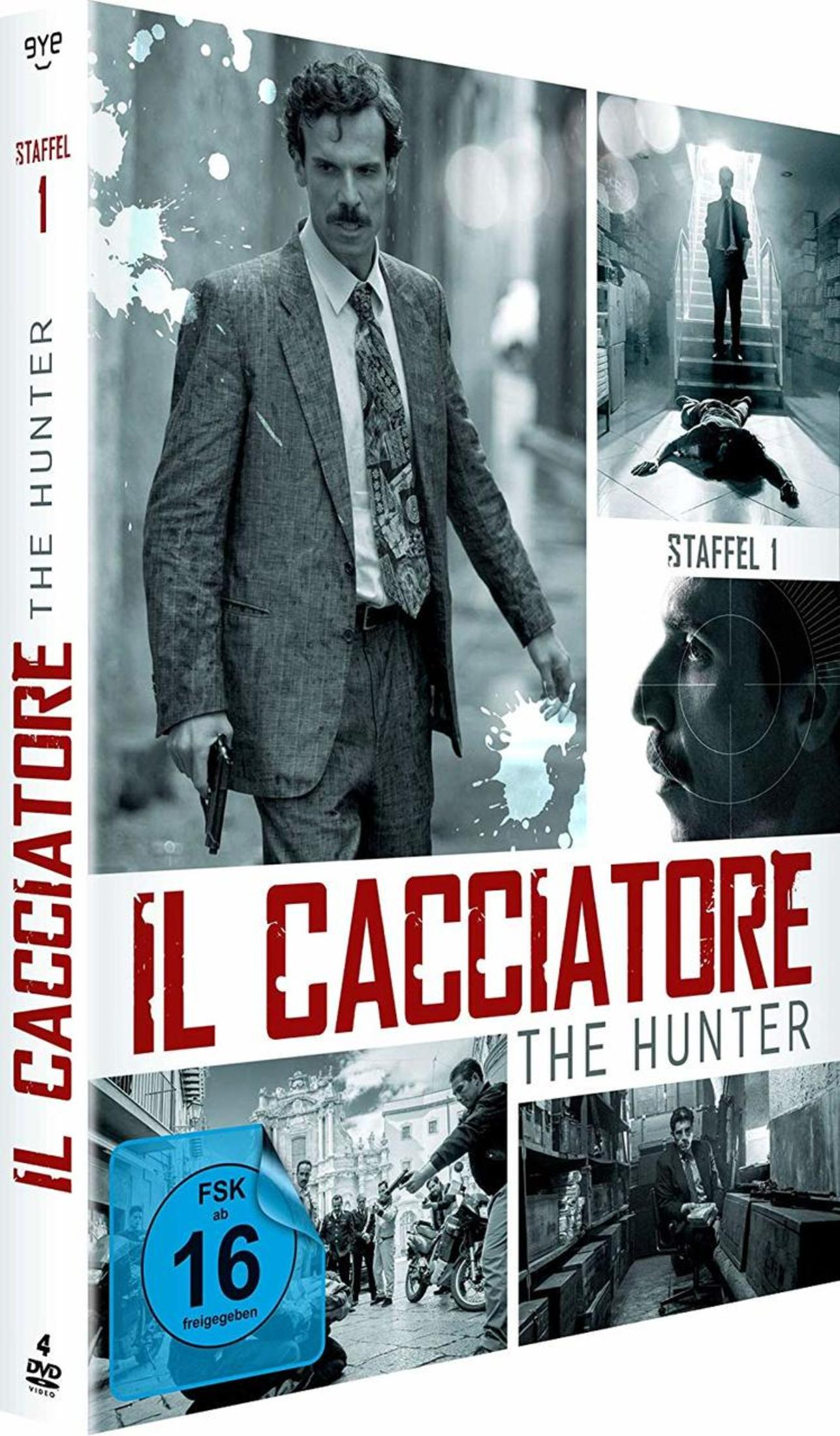 DVD-Cover von 'Il Cacciatore - The Hunter' Staffel 1 mit Mann in Anzug und Waffe.