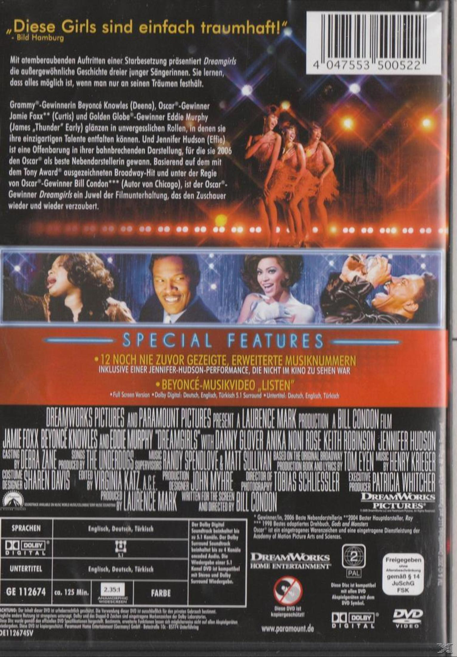 Rückseite der Dreamgirls-DVD mit Besetzungsfotos, Texten, Sonderfunktionen und technischen Details.