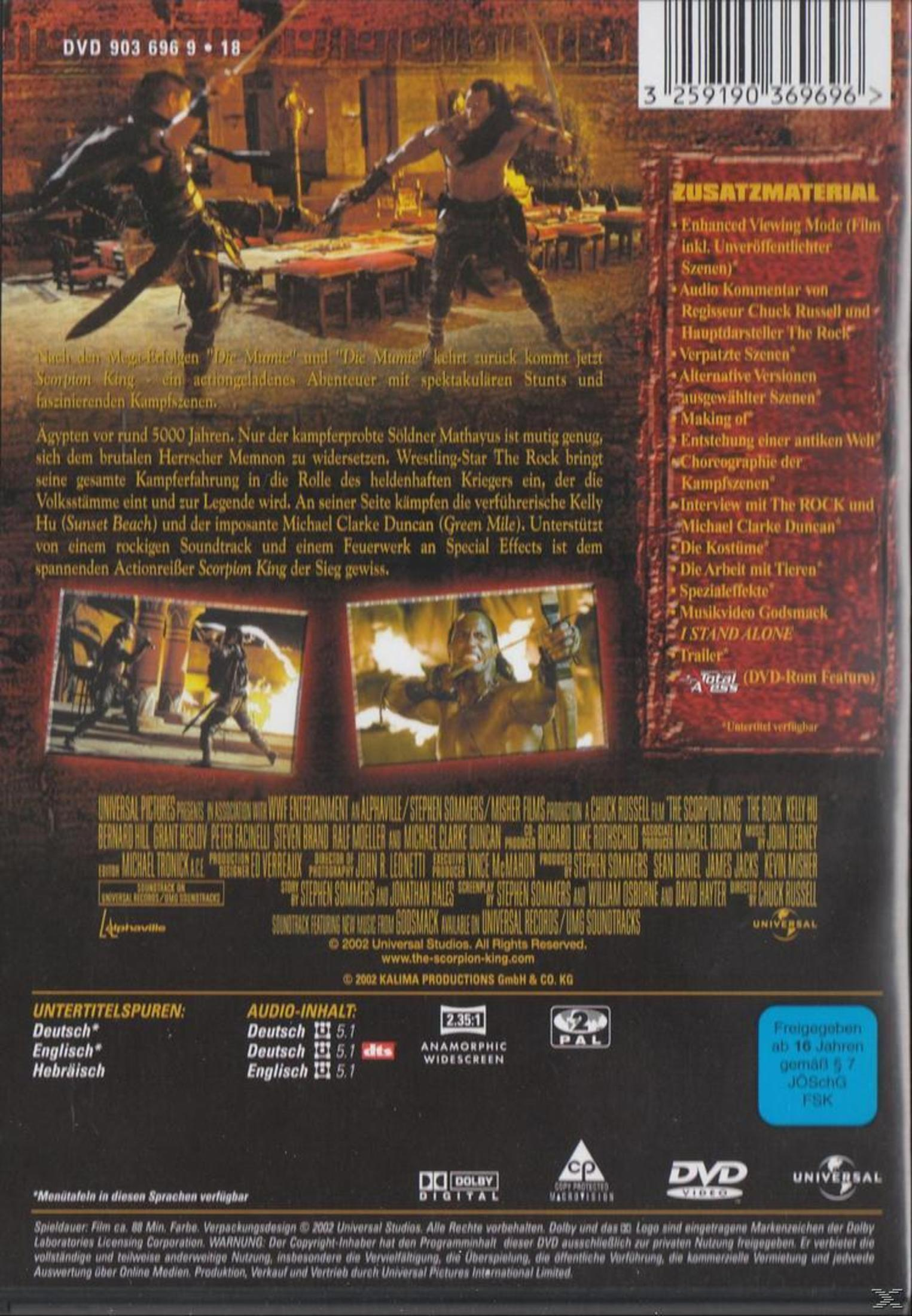 DVD-Rückseite von The Scorpion King mit Szenenbildern, deutschem Text, Besetzung, Barcode und technischen Daten.