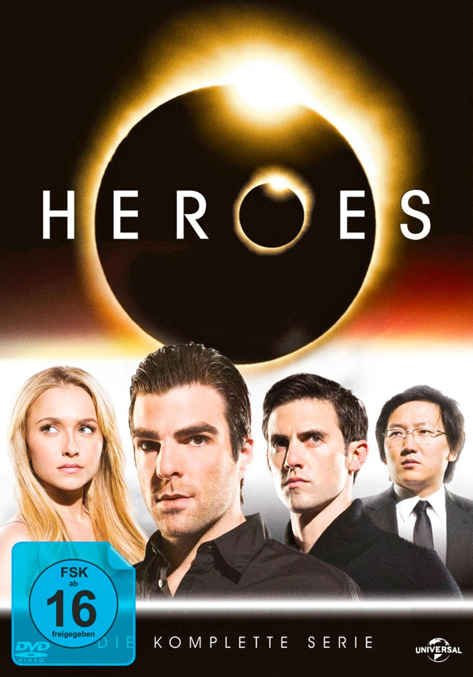 DVD-Cover von Heroes mit vier Hauptfiguren unter einer Sonnenfinsternis und dem Titel Heroes.