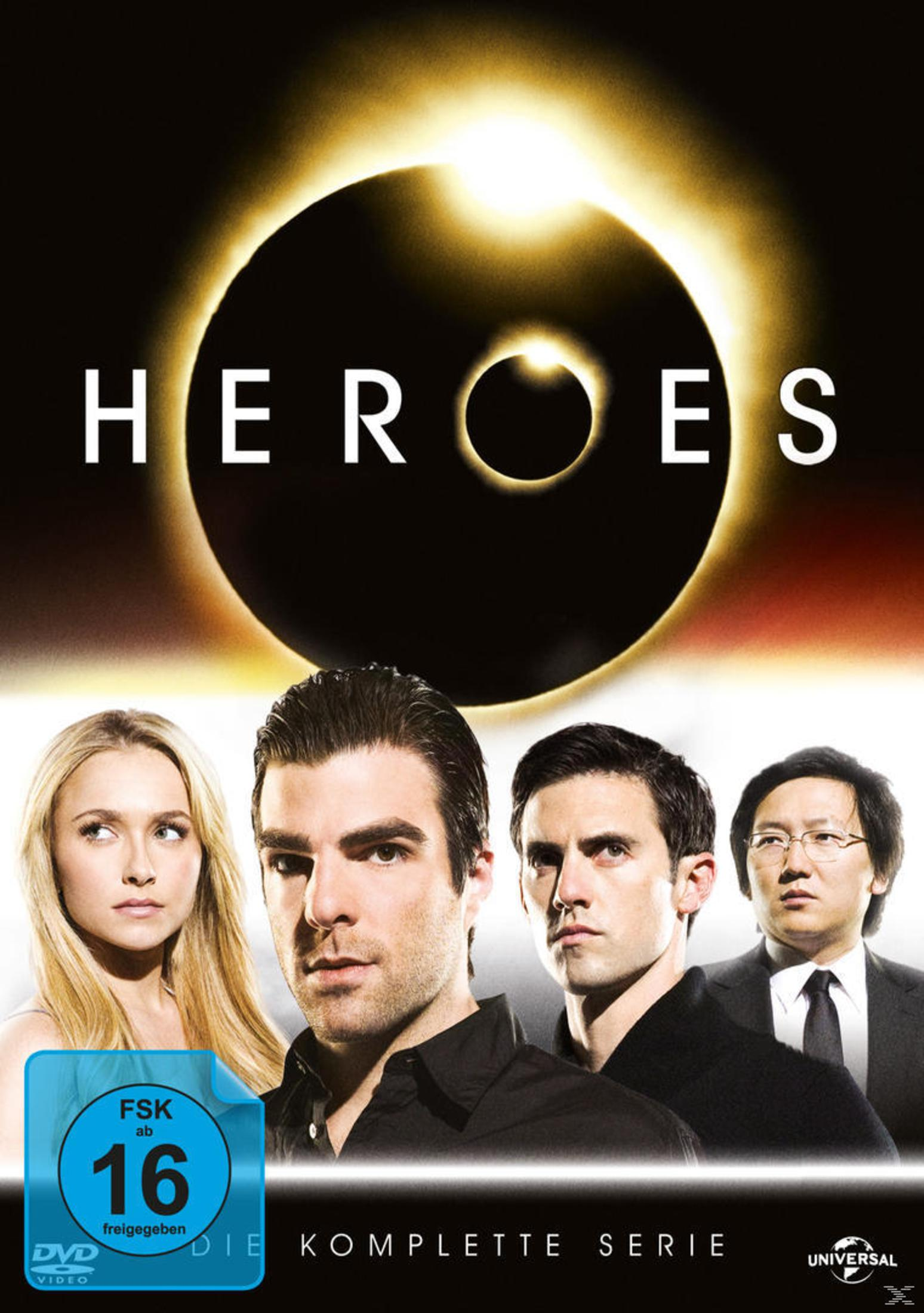 DVD-Cover der Serie Heroes mit vier Charakteren vor einer Sonnenfinsternis und einem FSK-16-Logo.
