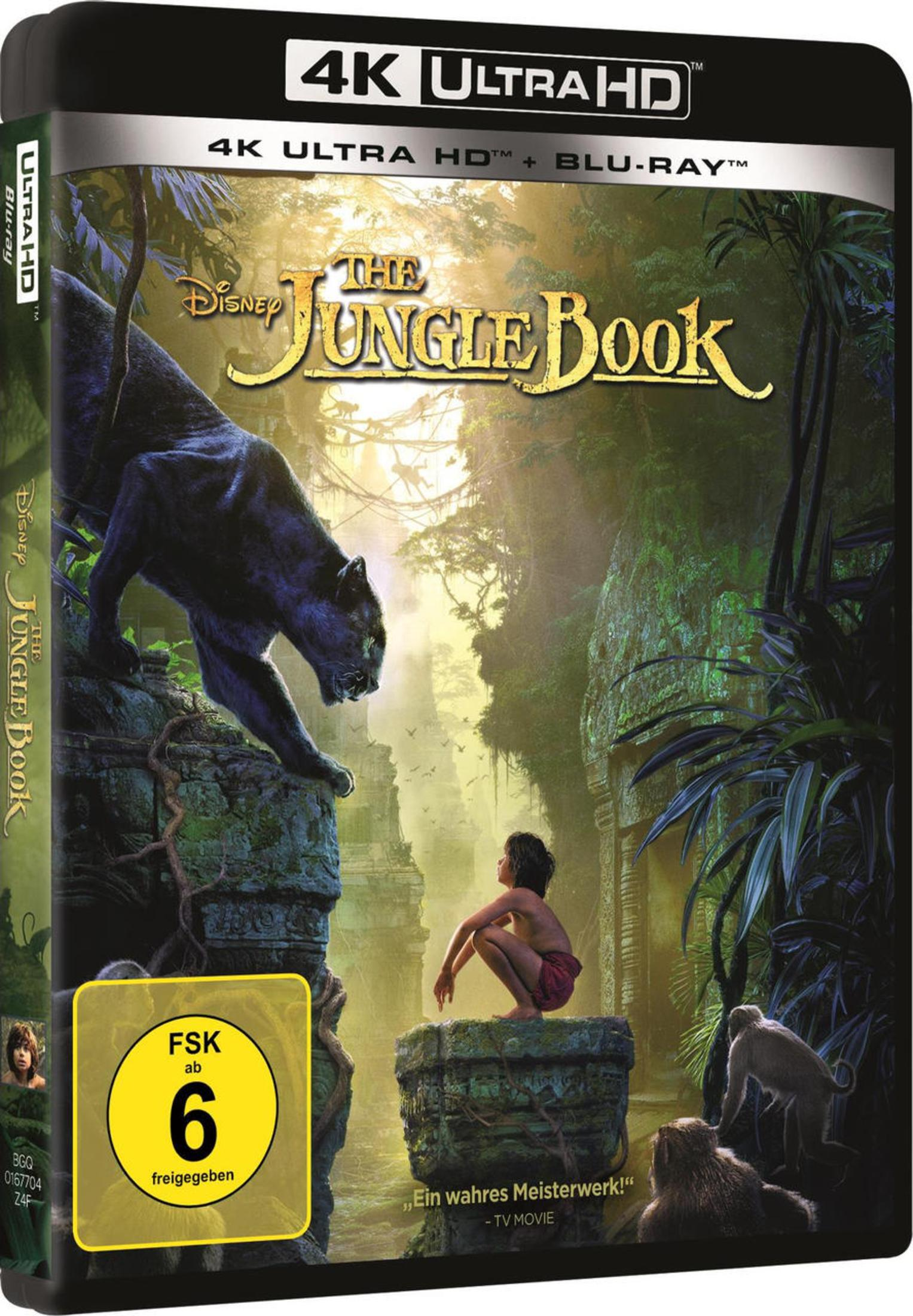 The Jungle Book 4K Ultra HD und Blu-ray Cover mit Bagheera, Mogli und Affen im Dschungel.