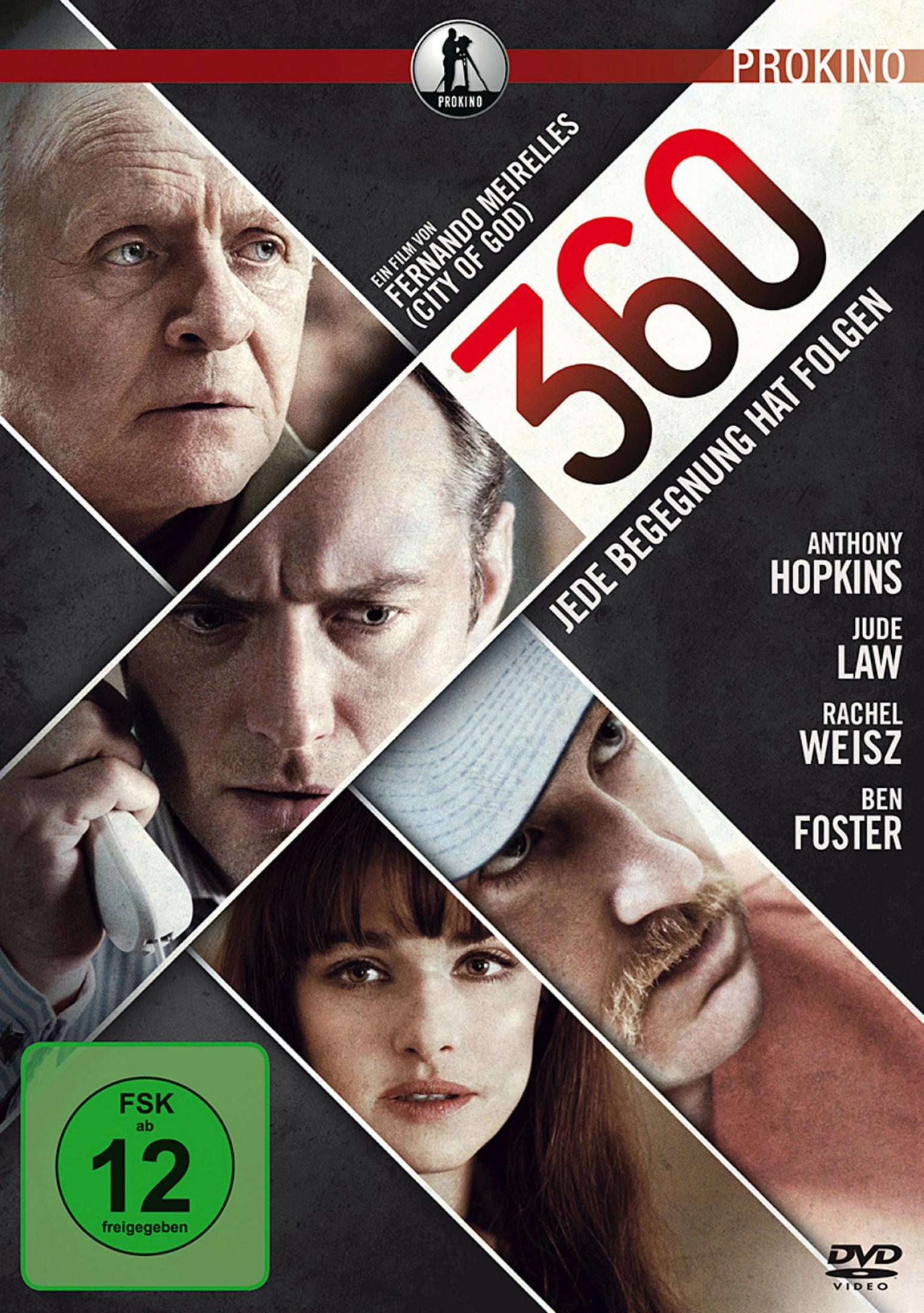 DVD-Cover des Films 360 mit den Porträts von Anthony Hopkins, Jude Law, Rachel Weisz und Ben Foster.