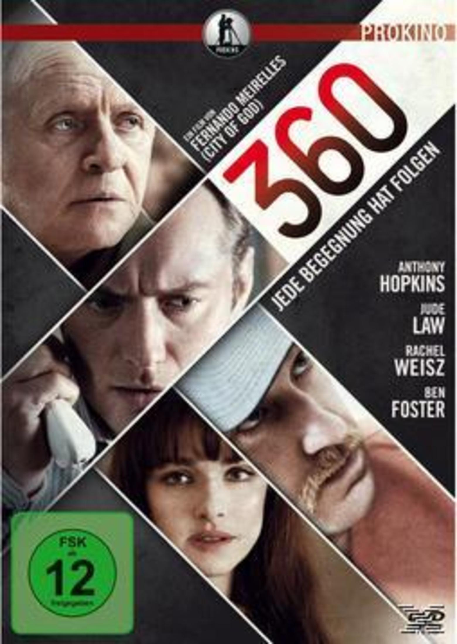 DVD-Cover des Films 360 mit Anthony Hopkins, Jude Law, Rachel Weisz und Ben Foster in geteilten Bildausschnitten.