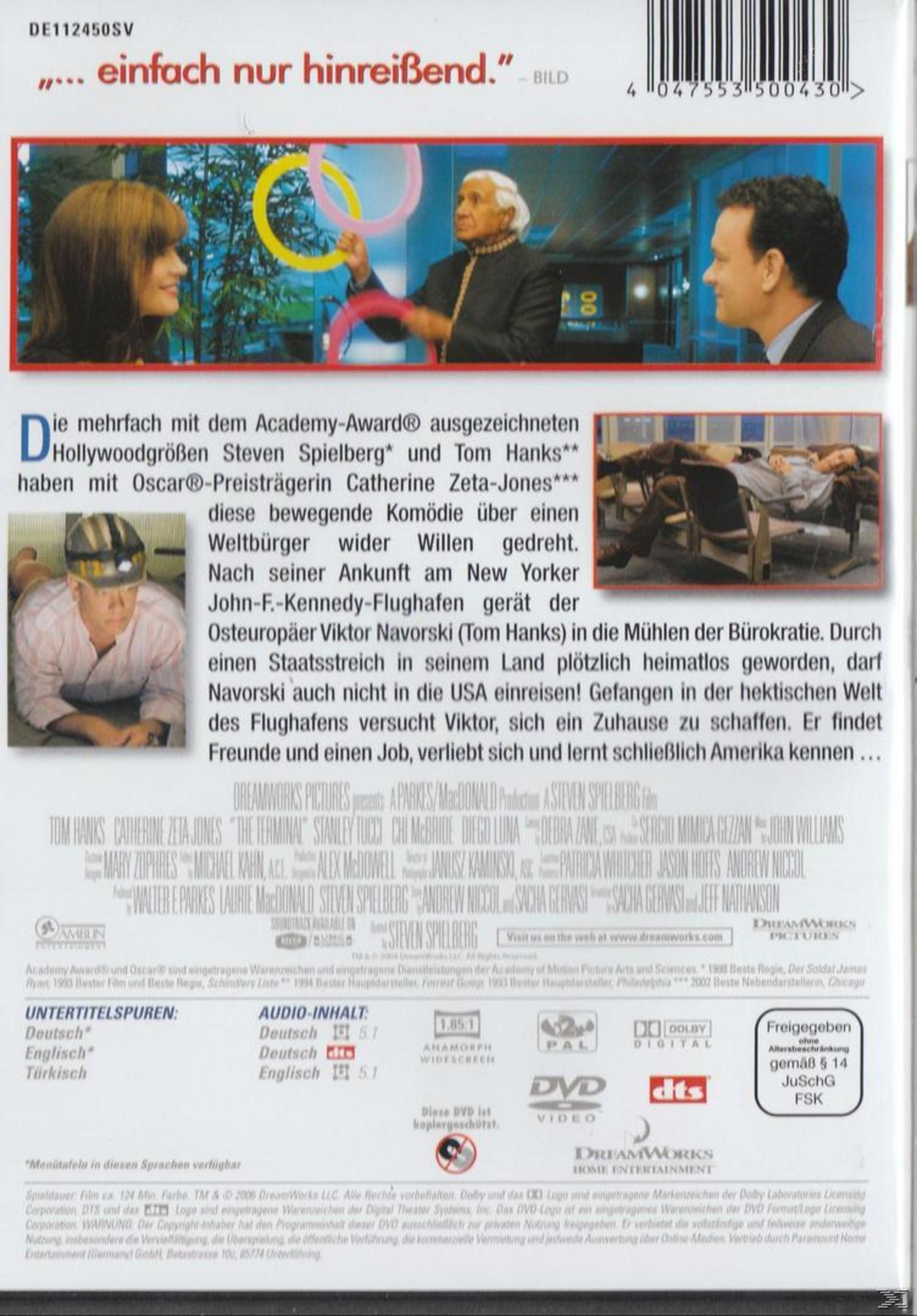 Rückseite der DVD-Hülle von 'The Terminal' mit Tom Hanks und Catherine Zeta-Jones, Text und Bildern.