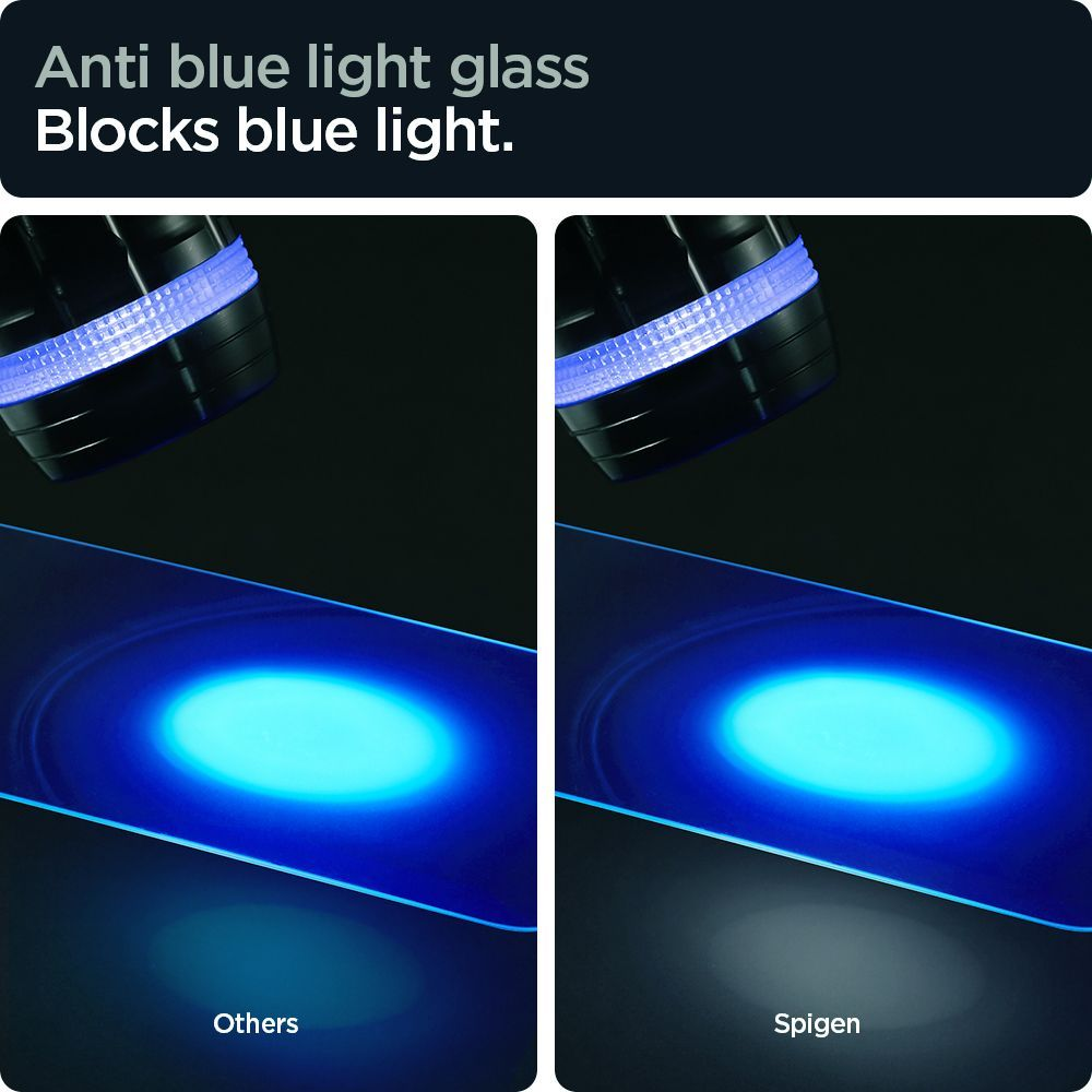 Dimostrazione di vetro anti luce blu che blocca la luce blu.