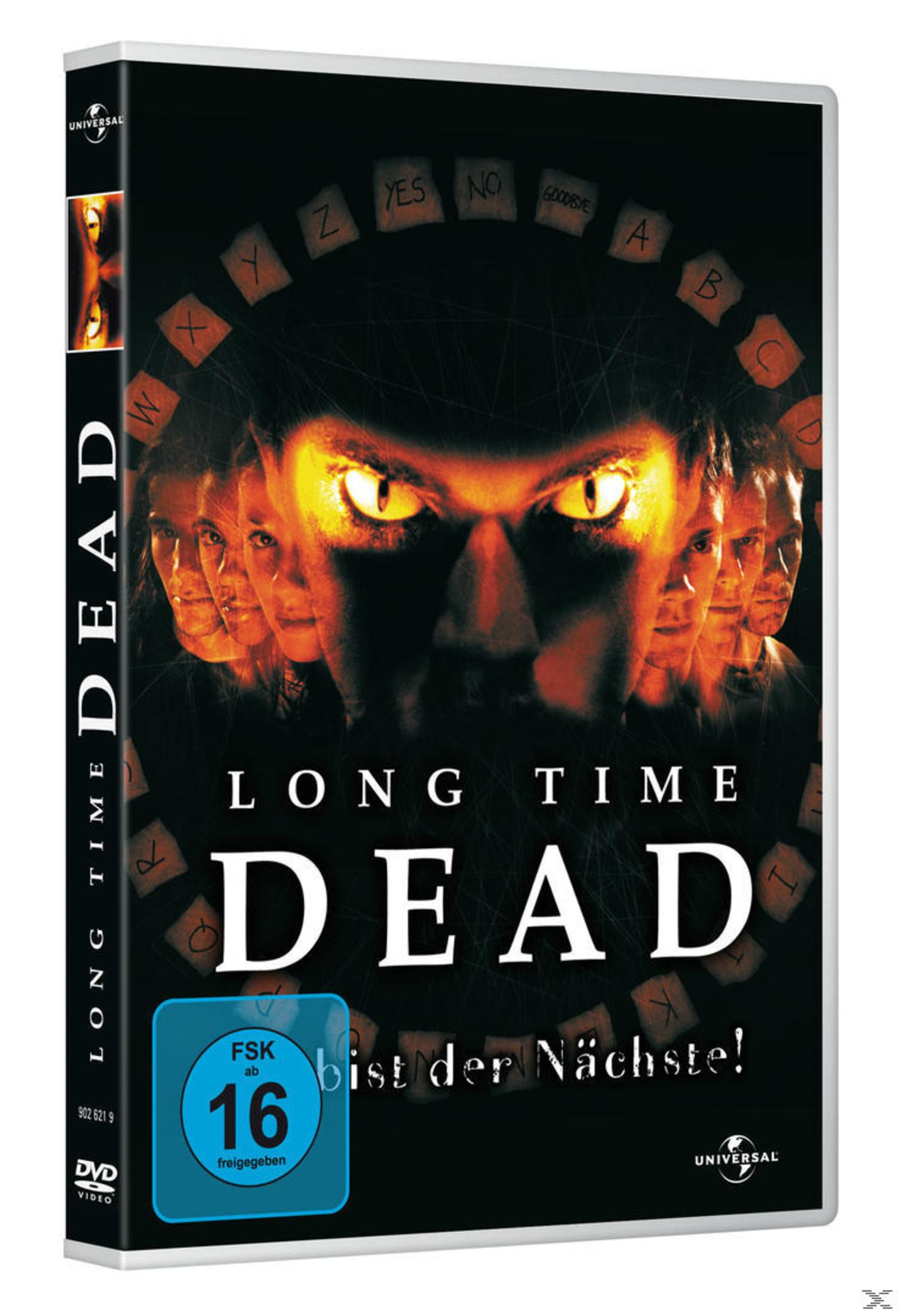 DVD-Hülle von Long Time Dead mit leuchtenden Augen über einem dunklen Gesicht und Ouija-Brett.