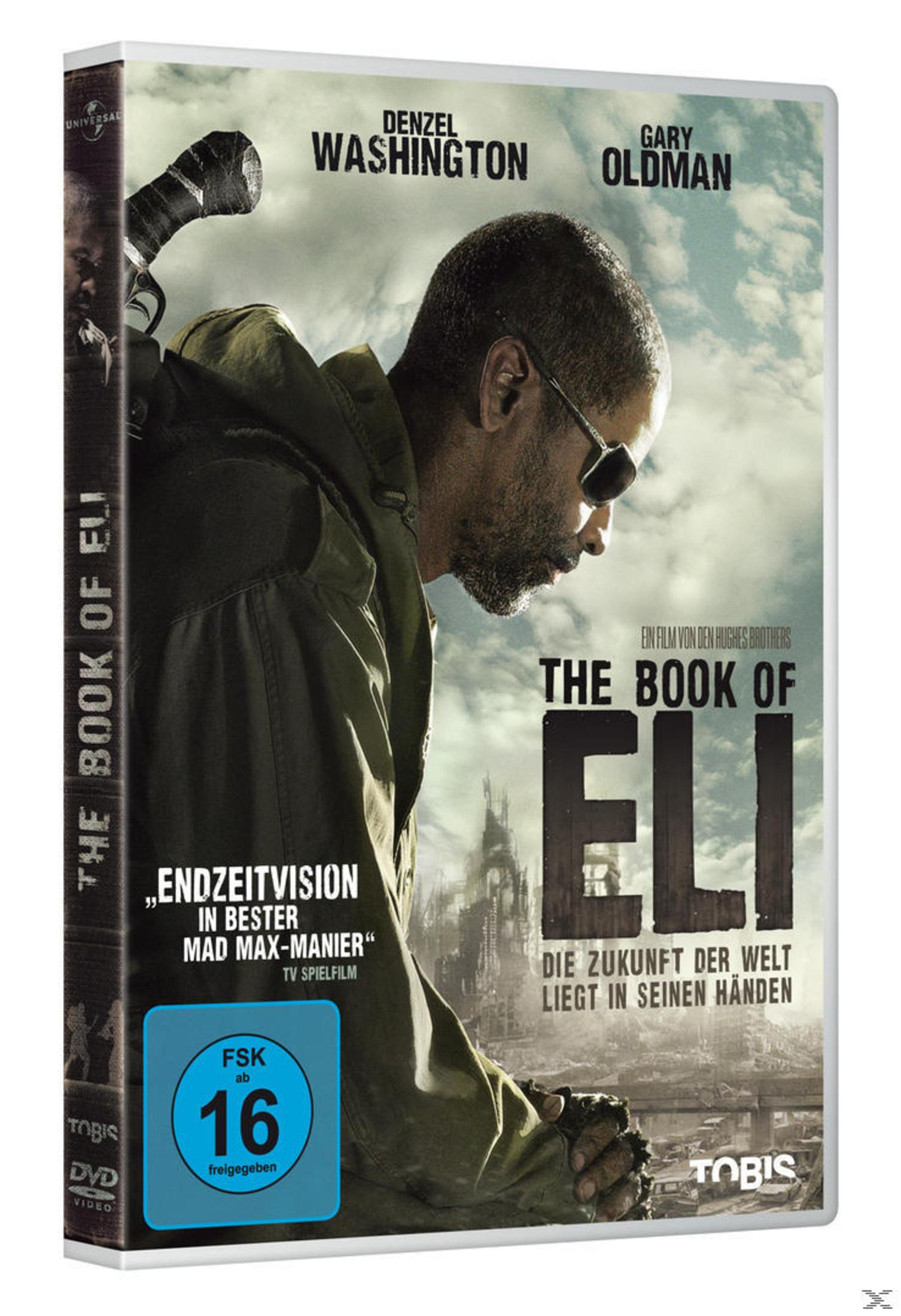 DVD-Cover von The Book of Eli mit Denzel Washington vor einer postapokalyptischen Hintergrundkulisse.