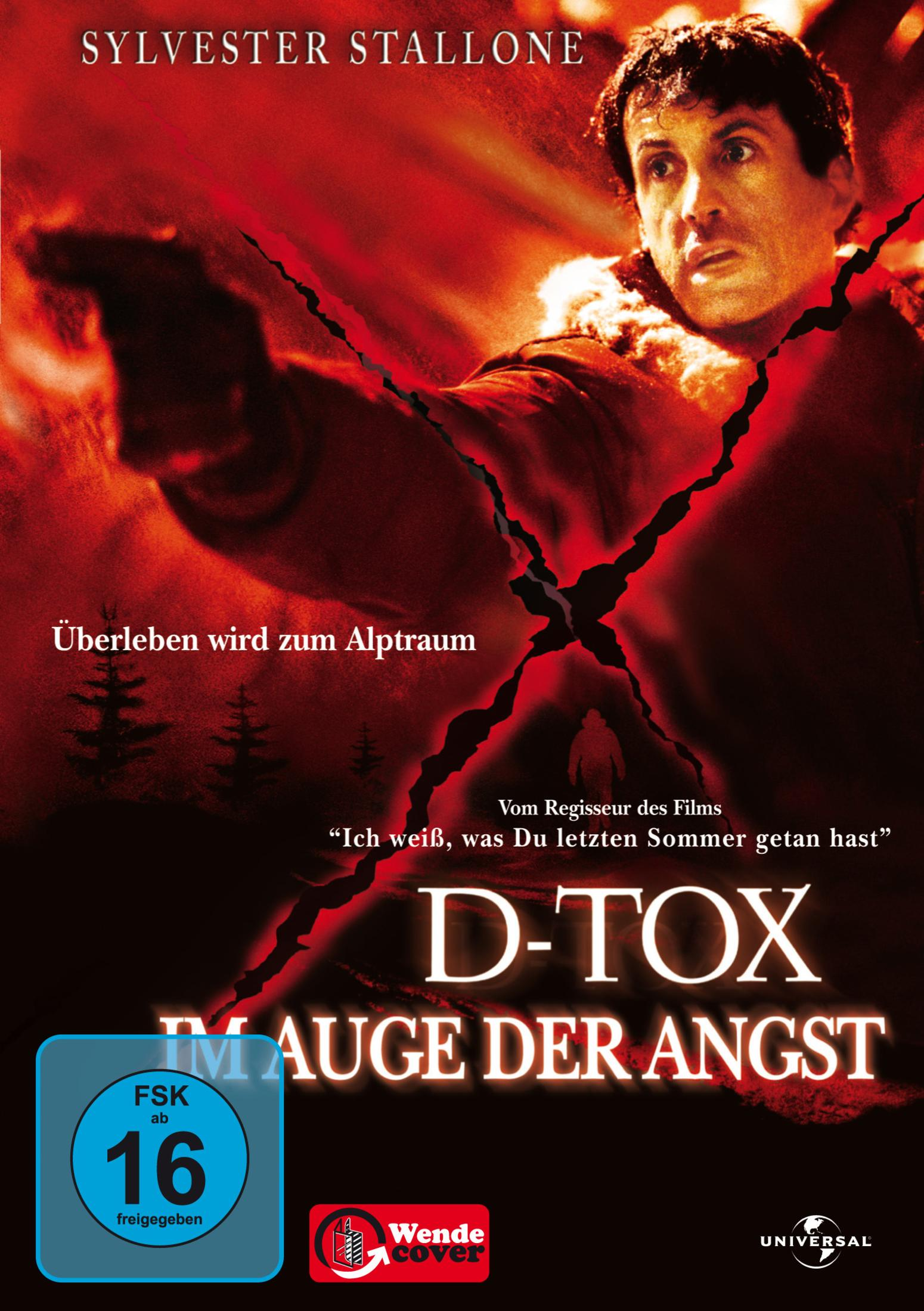 Sylvester Stallone in D-Tox vor rotem Hintergrund mit Waffe.