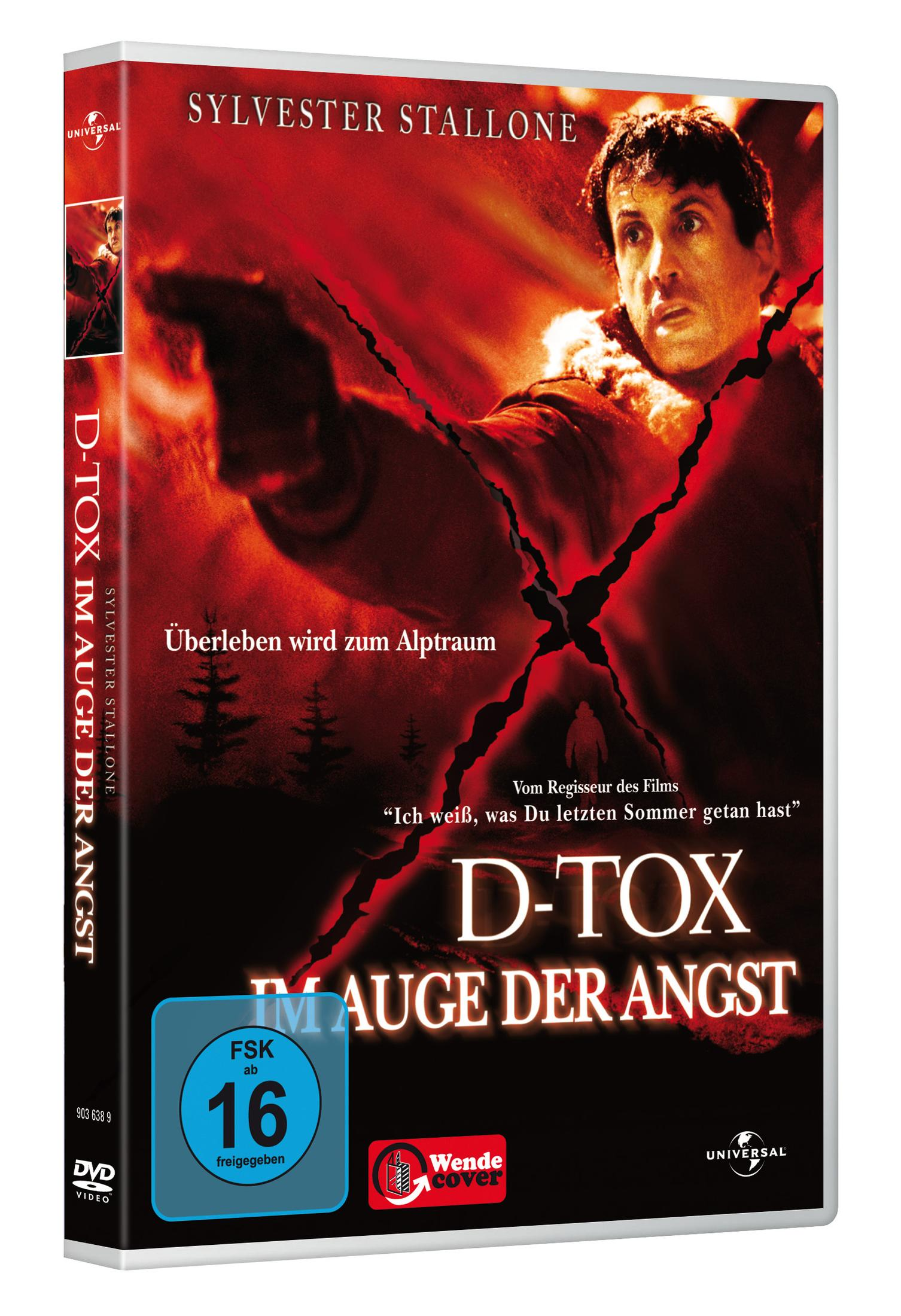 DVD-Cover für D-Tox mit Sylvester Stallone vor rotem, schneebedecktem Hintergrund mit einem großen schwarzen X.