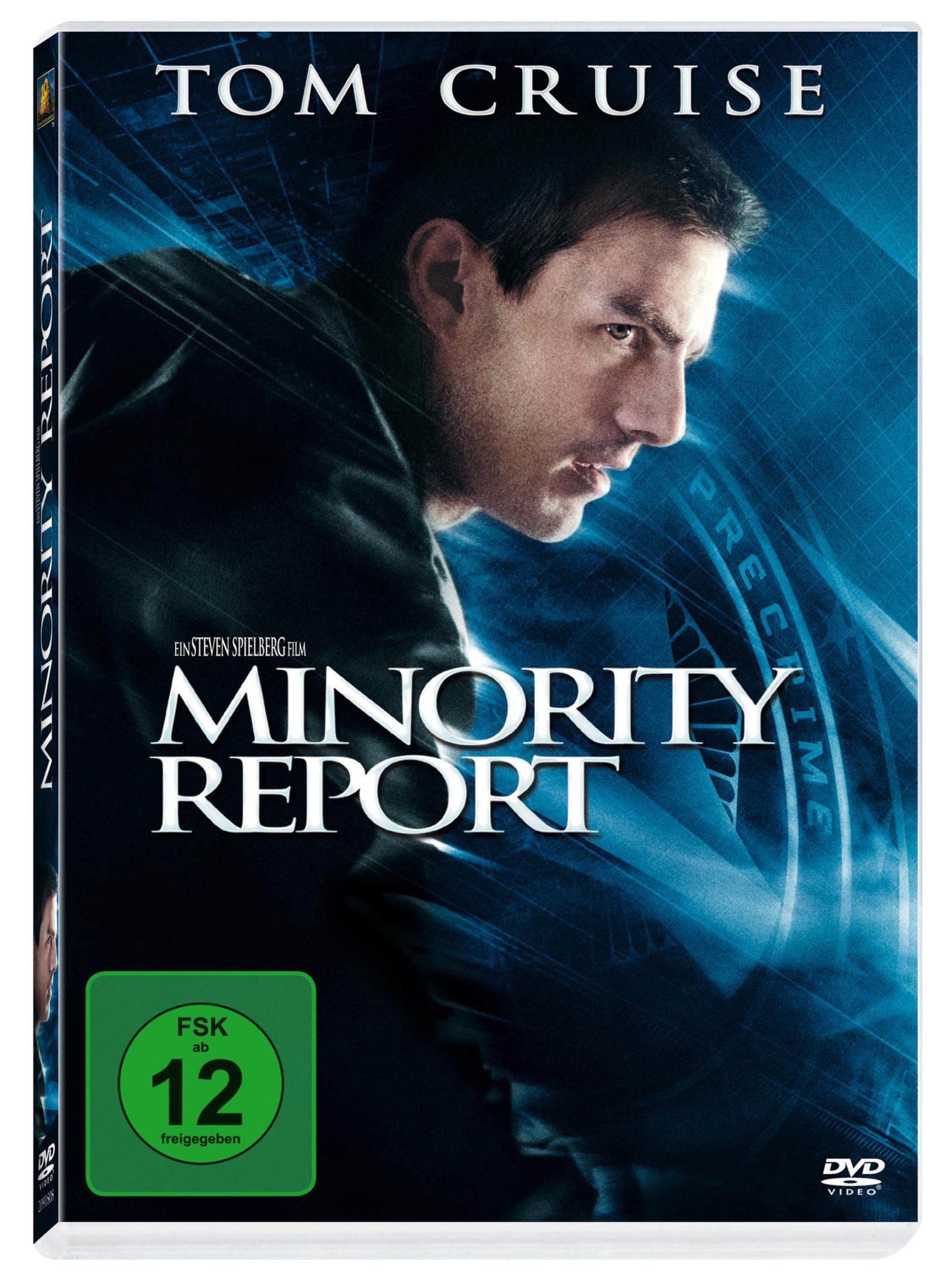 DVD-Hülle von Minority Report mit Tom Cruise vor blauem digitalen Hintergrund.