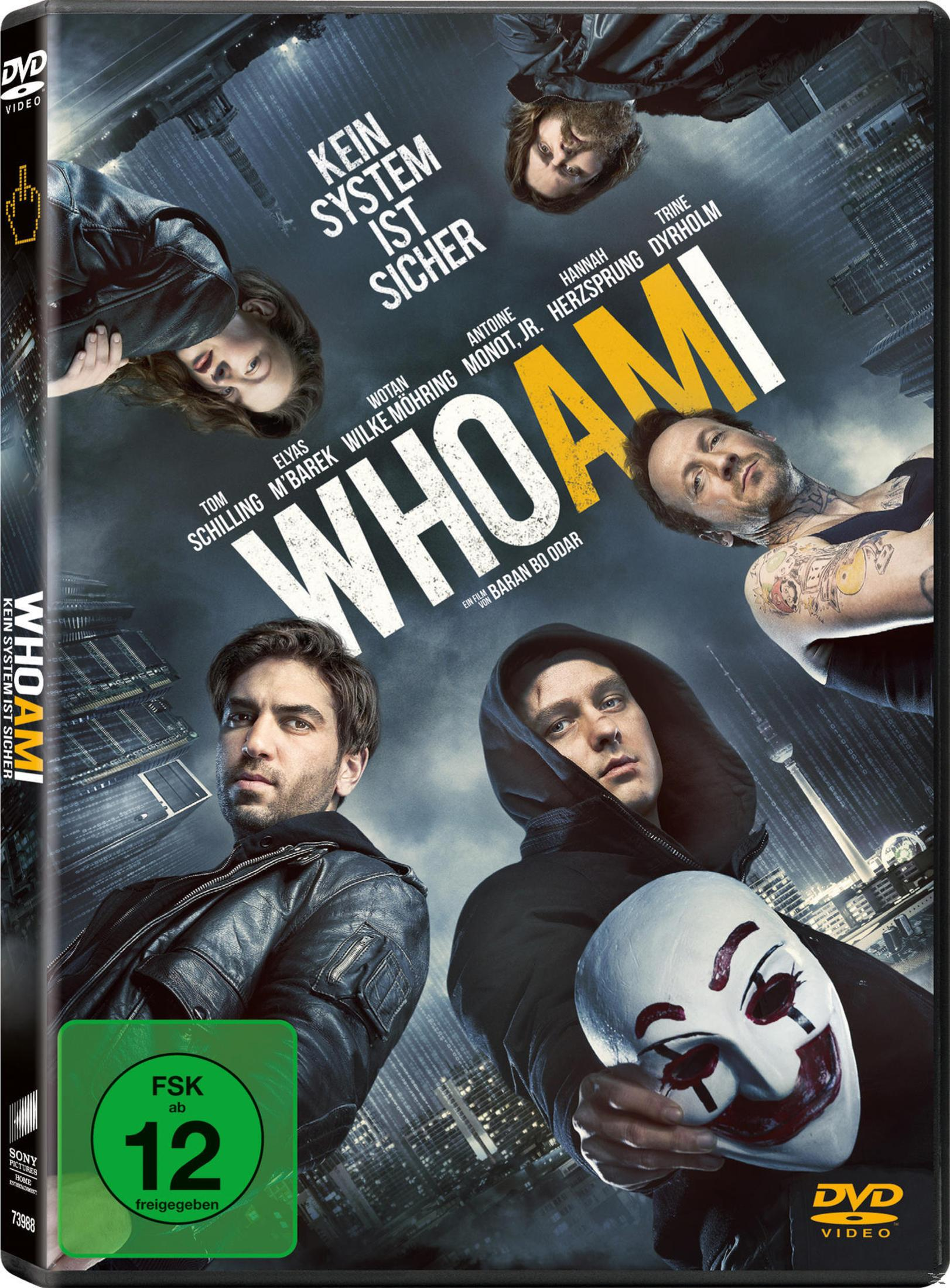 DVD-Cover von Who Am I mit vier Charakteren, einer Stadtsilhouette und einer weißen Maske.