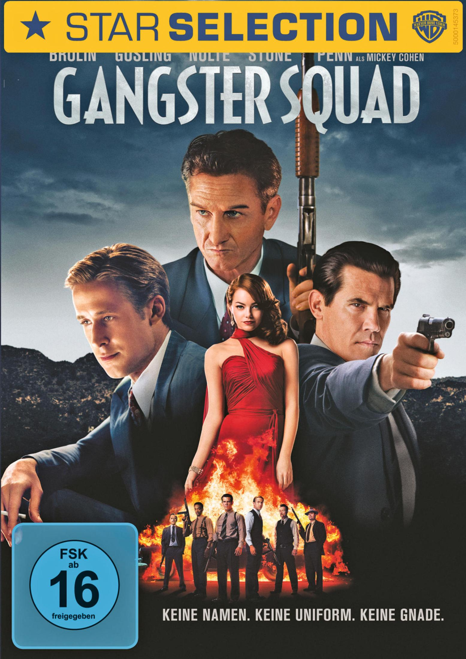 Filmplakat von Gangster Squad mit vier Hauptdarstellern vor brennendem Hintergrund und FSK-16-Logo.