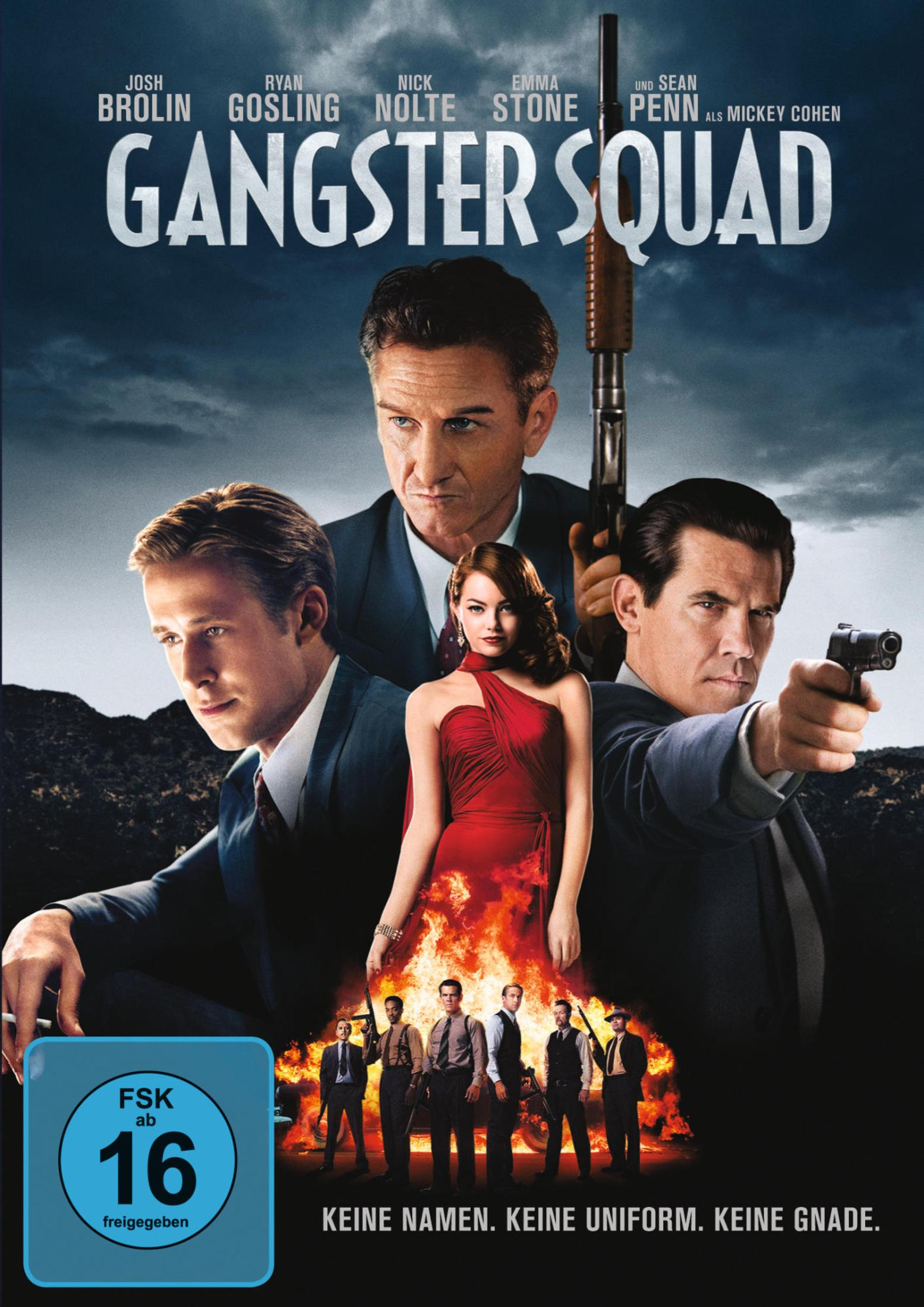 Filmposter von Gangster Squad mit Schauspielern, einer Frau im roten Kleid und Feuer im Hintergrund.