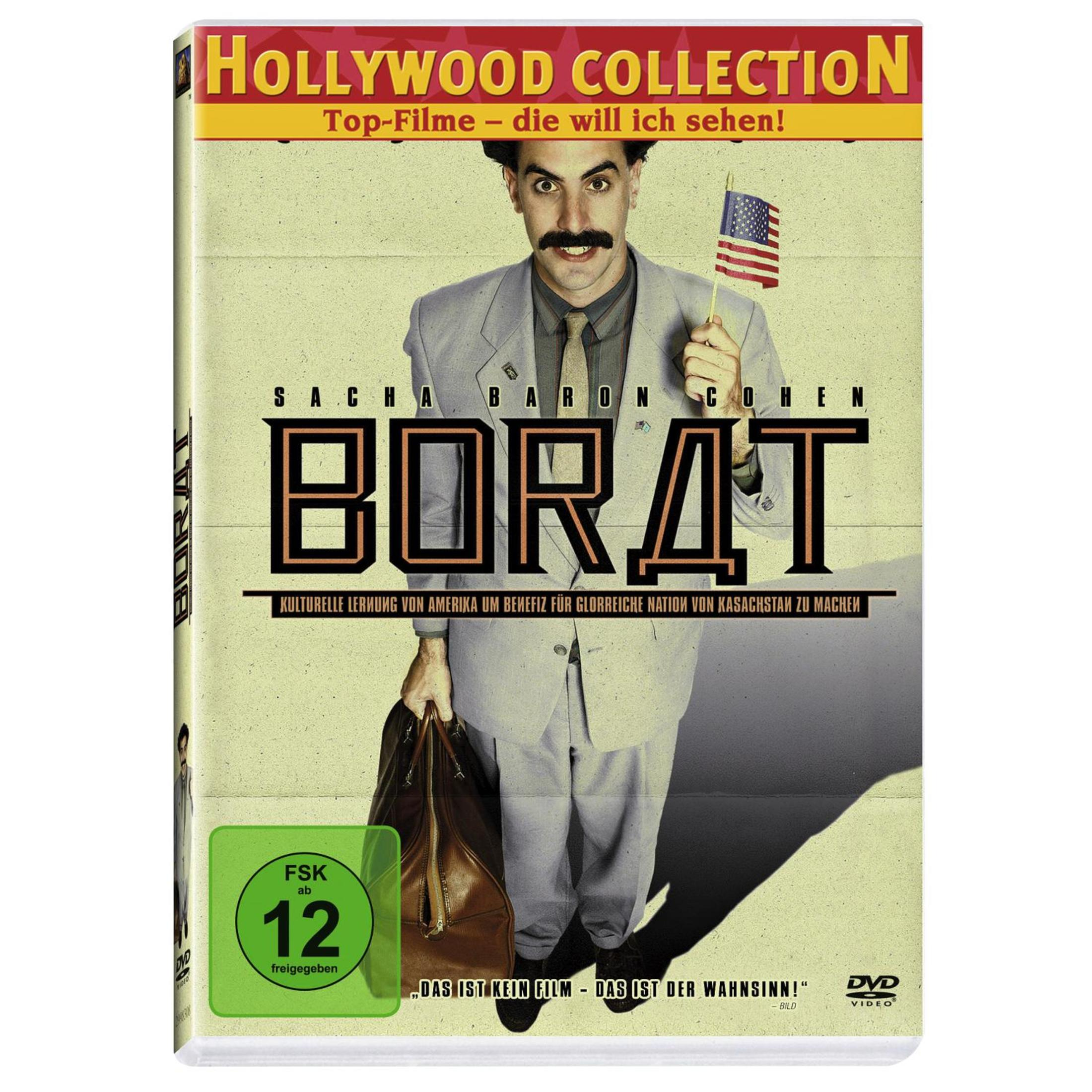 DVD-Cover von Borat mit Sacha Baron Cohen in grauem Anzug, der eine US-Flagge und Tasche hält.