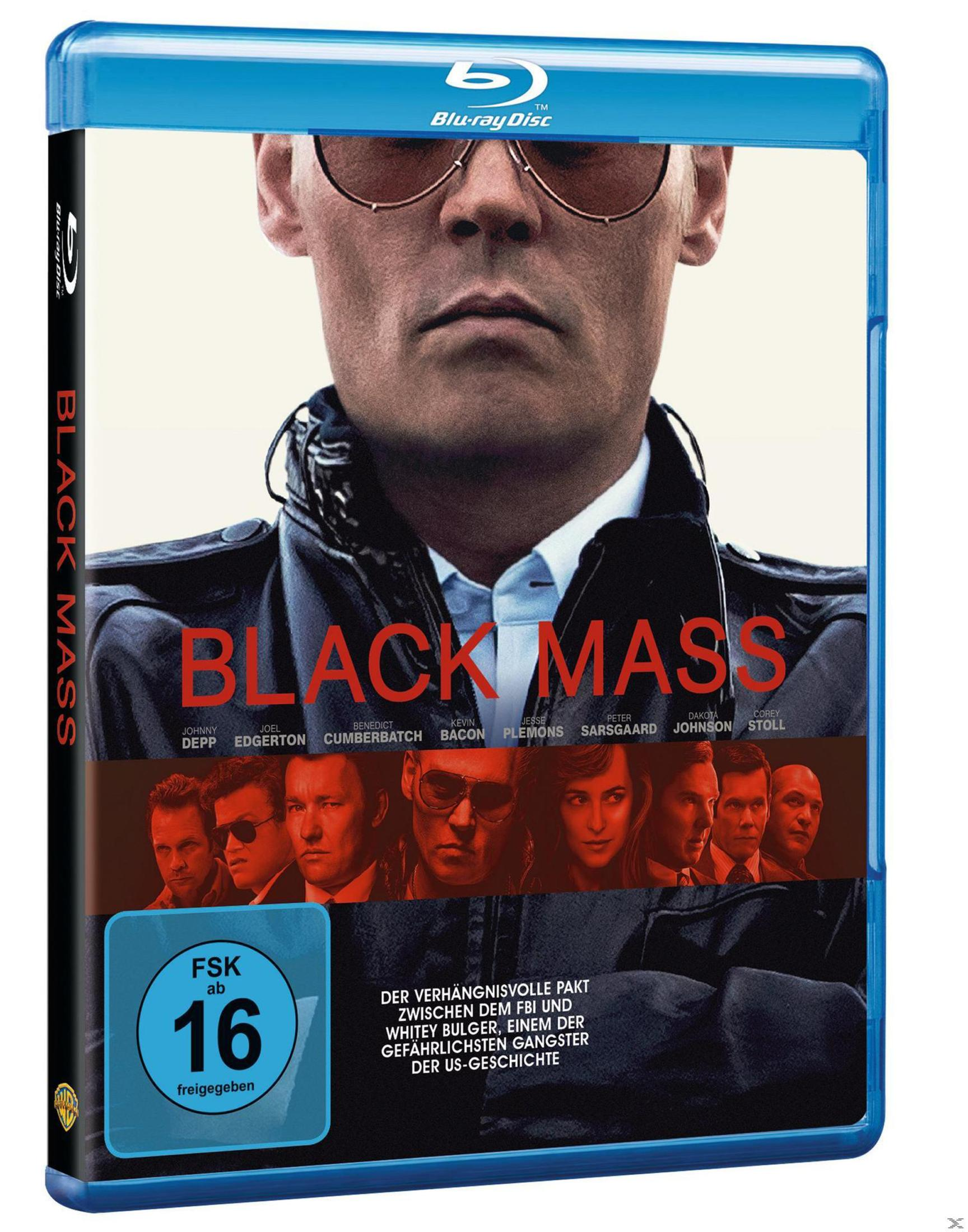 Blu-ray-Hülle des Films Black Mass mit Johnny Depp in Sonnenbrille und einer Leiste mit Cast-Gesichtern.