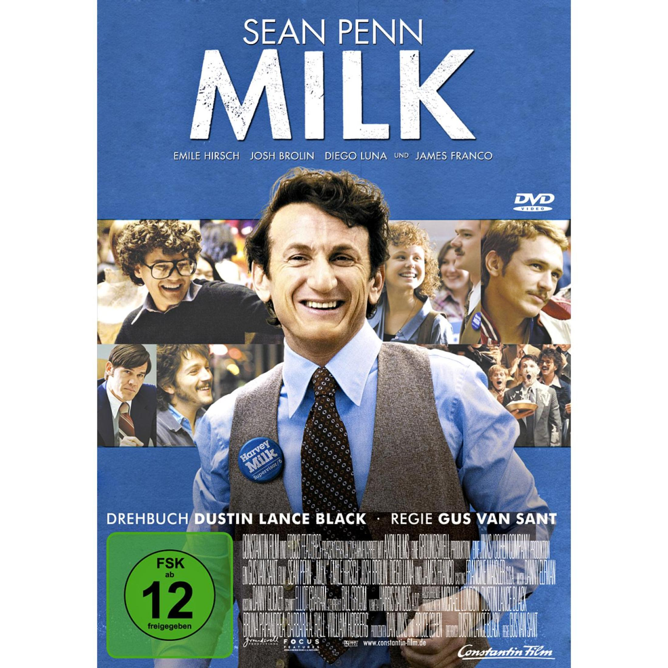 DVD-Cover des Films Milk mit Sean Penn in der Hauptrolle, umgeben von weiteren Darstellern vor blauem Hintergrund.