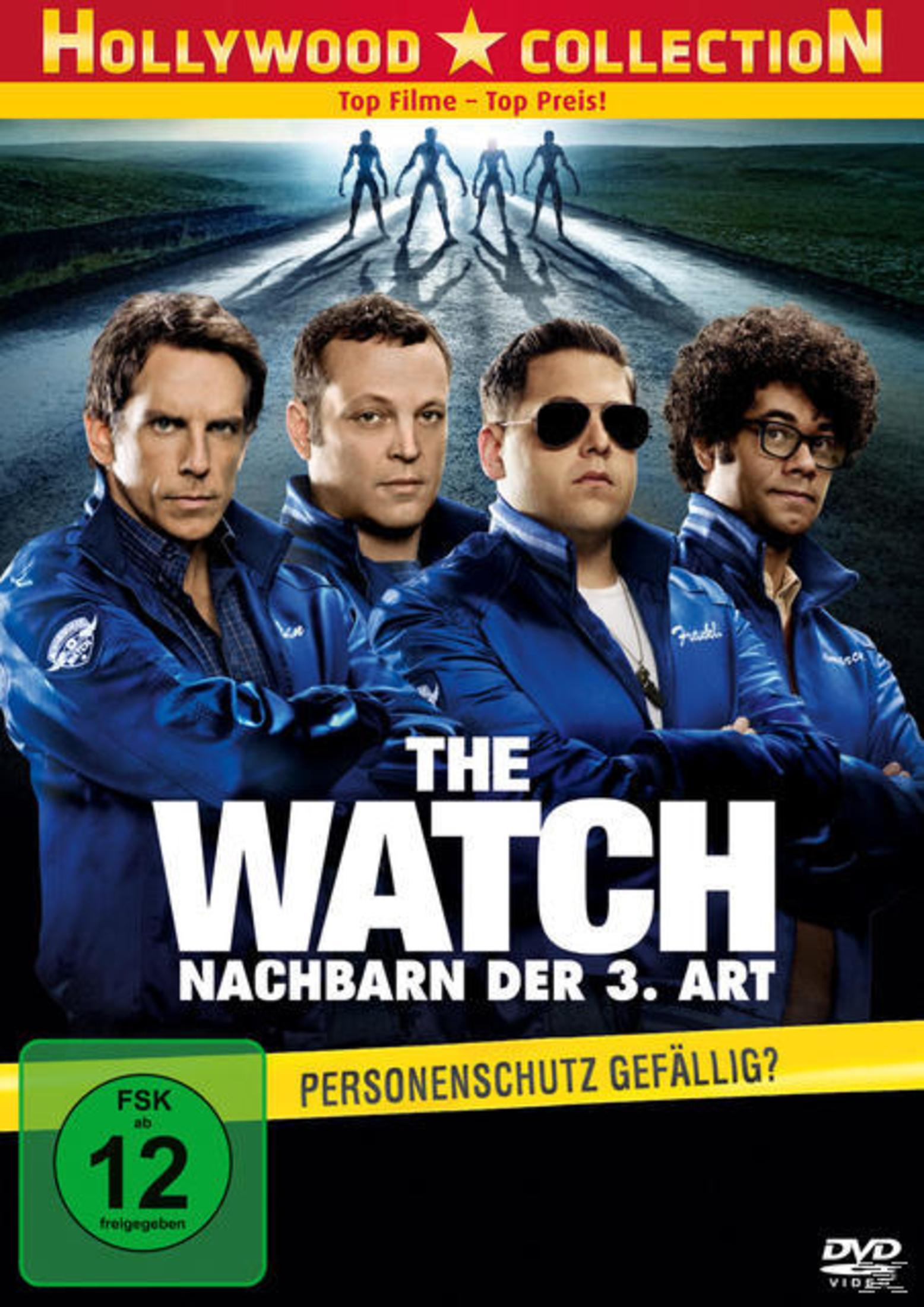 DVD-Cover von The Watch mit vier Männern in blauen Jacken und vier Figuren im Hintergrund.