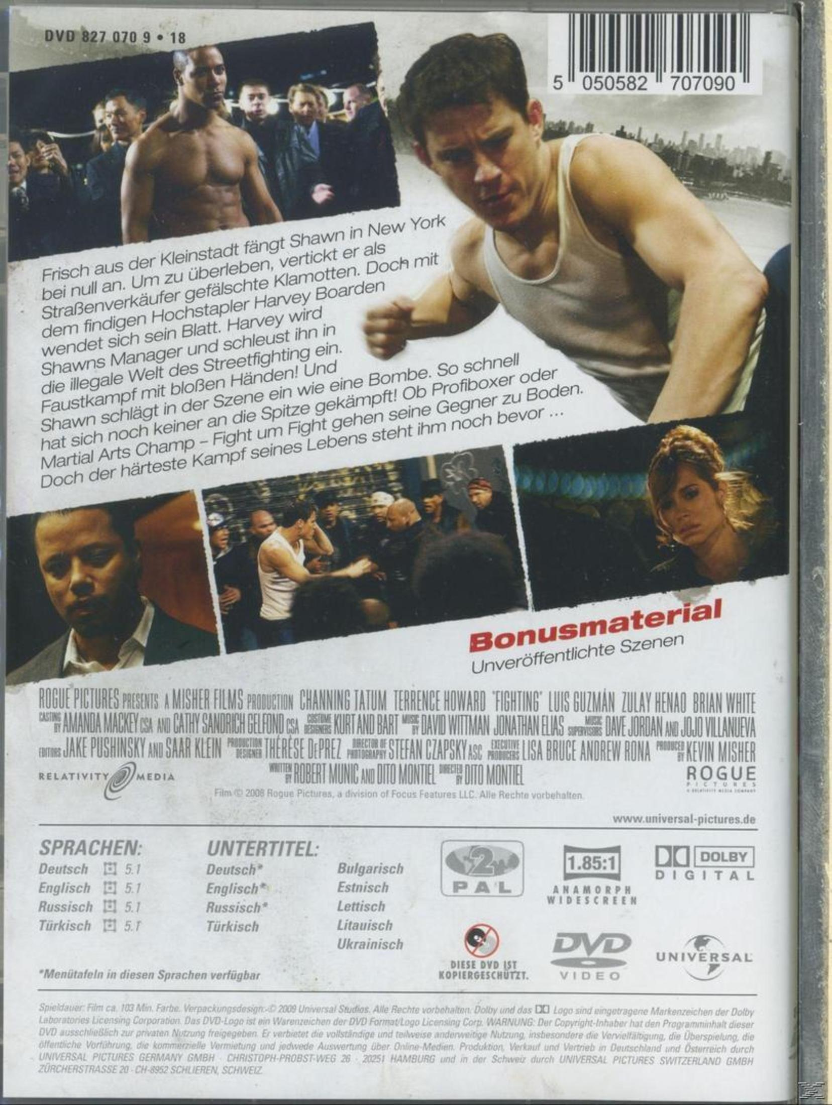 Rückseite einer DVD-Hülle des Films Fighting mit Channing Tatum, Text und Szenenbildern.