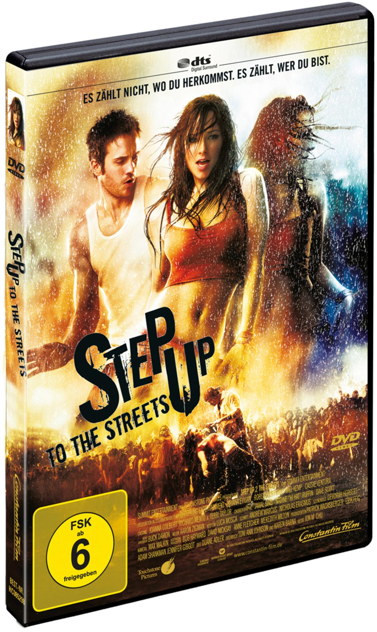 DVD-Hülle von Step Up 2 The Streets mit Tänzern im Regen und gelbem FSK-6-Altersfreigabeschild.