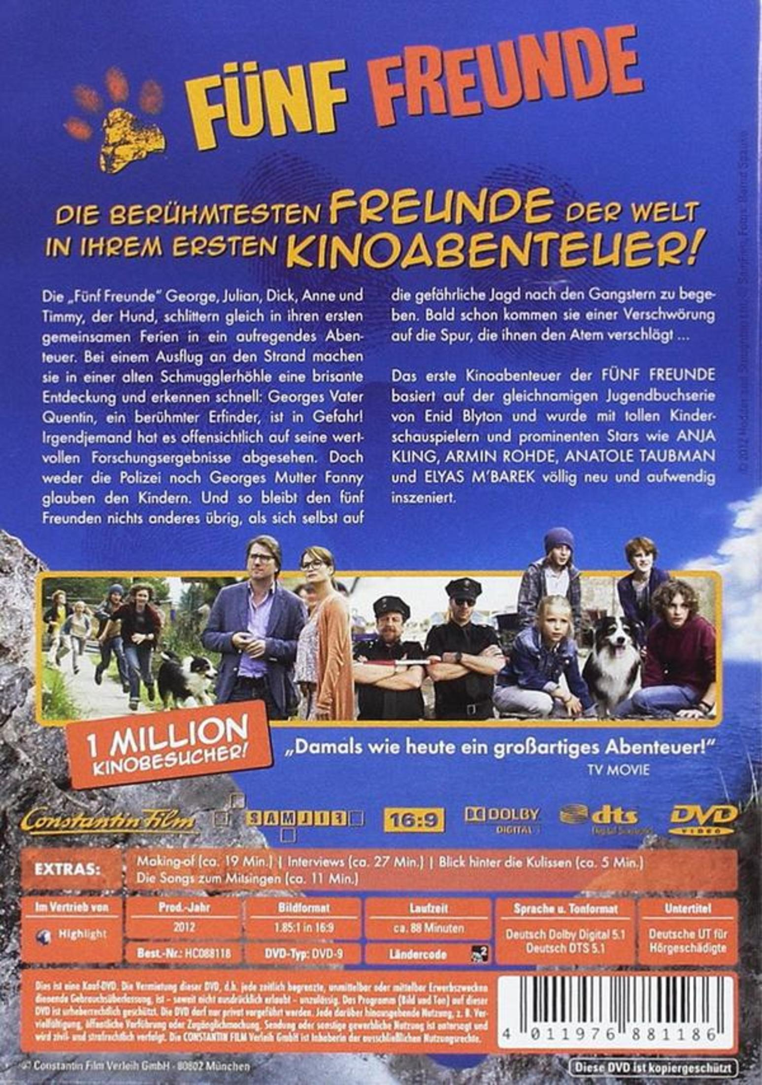 Rückseite der DVD Fünf Freunde mit blauem Hintergrund, Text, Filmszenen und Cast-Bildern.