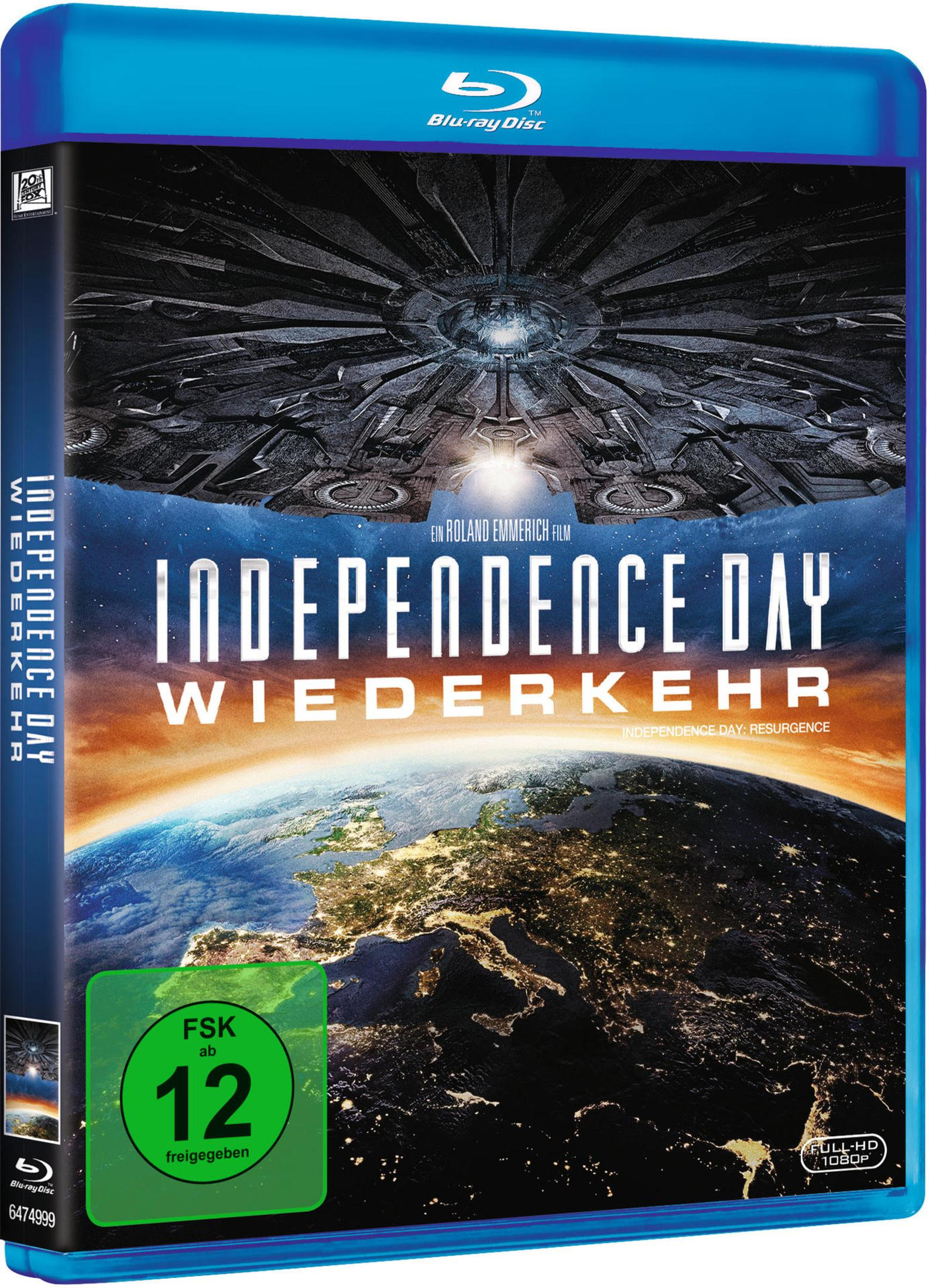 Blu-ray-Hülle des Films Independence Day: Wiederkehr mit einem großen Raumschiff über der Erde.