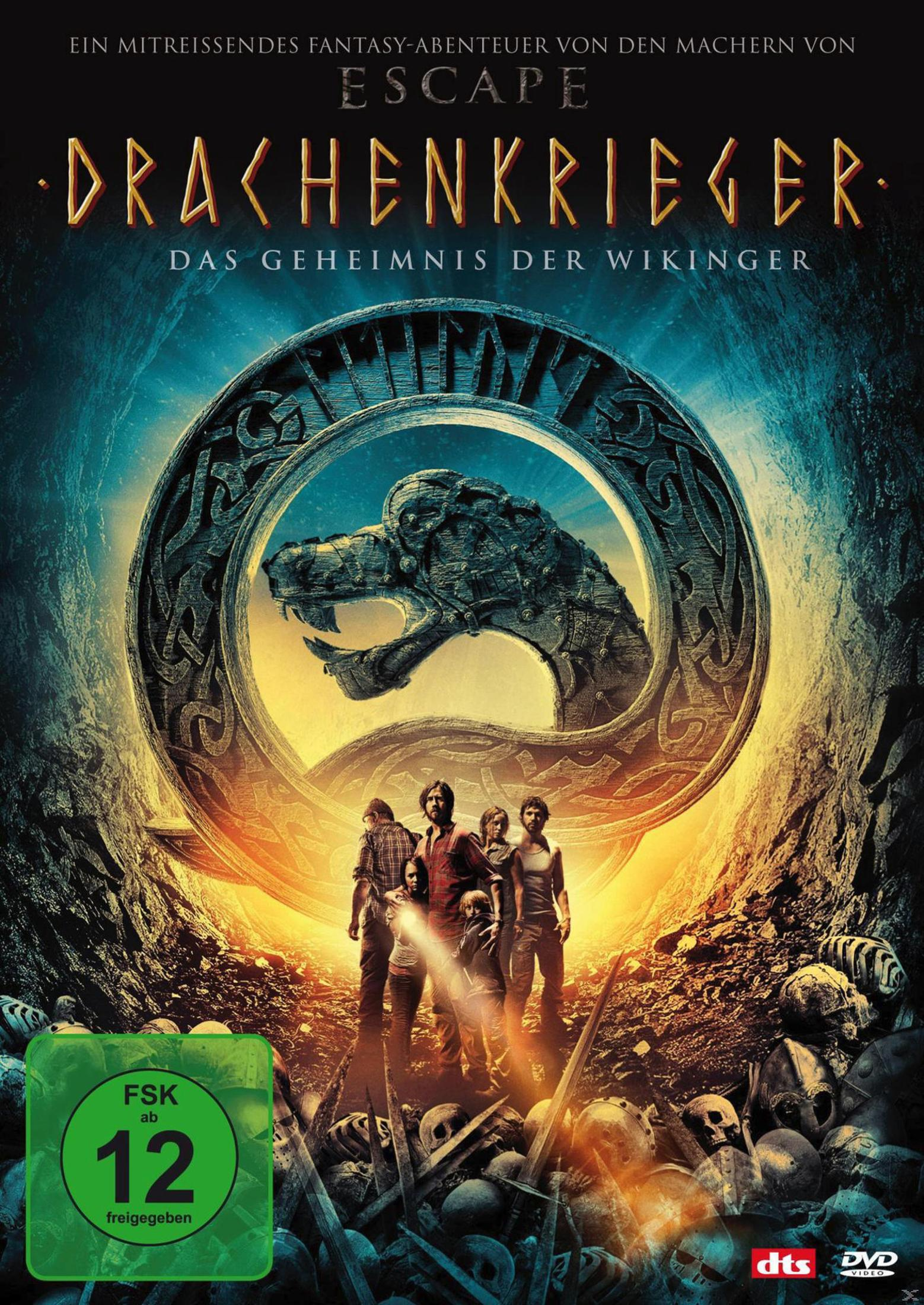 DVD-Cover von Drachenkrieger mit Personen vor einem Drachenemblem und Skeletten am Boden.