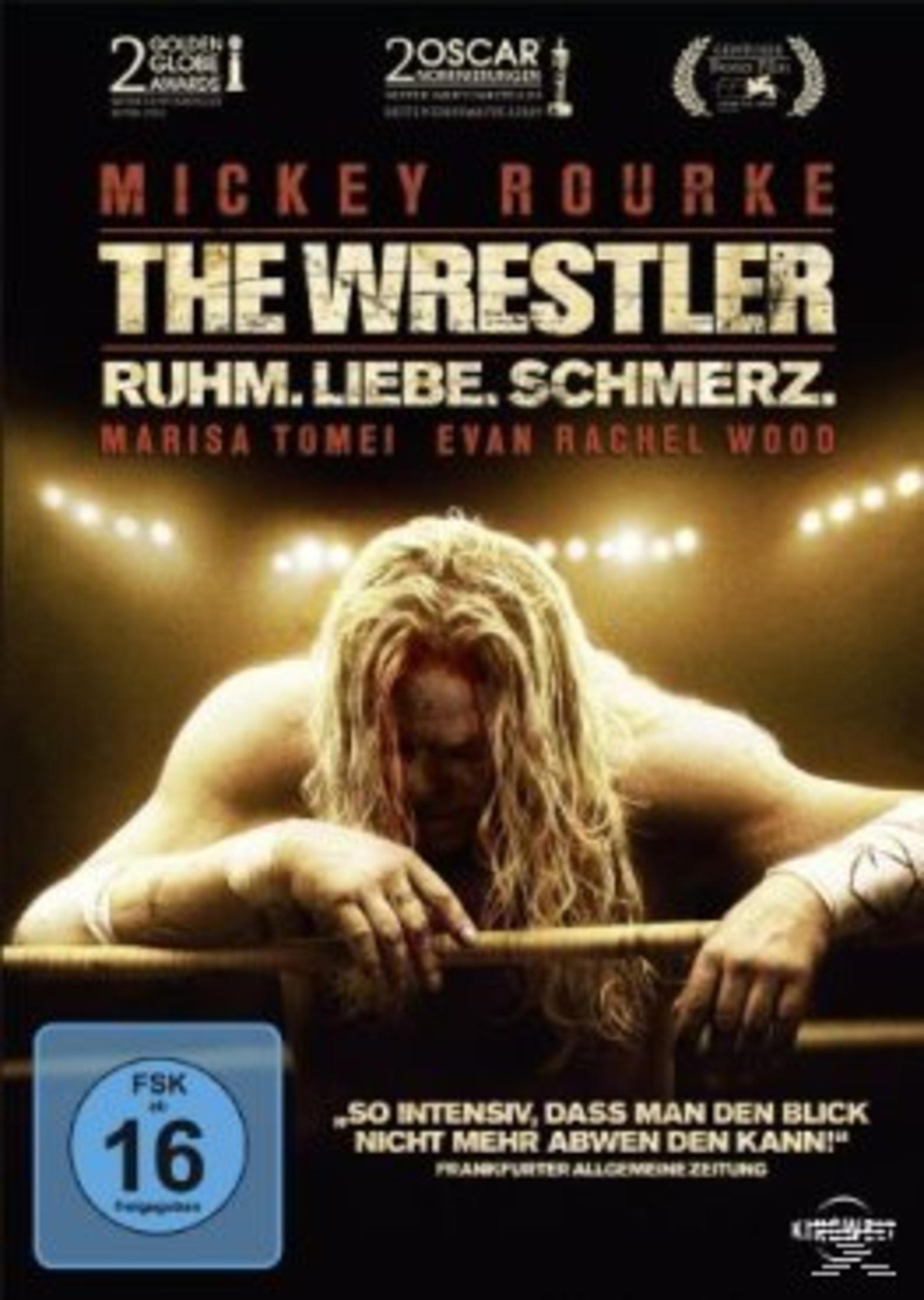 Filmplakat für The Wrestler mit Mickey Rourke, der sich über ein Seil beugt, unter grellen Stadionlichtern.