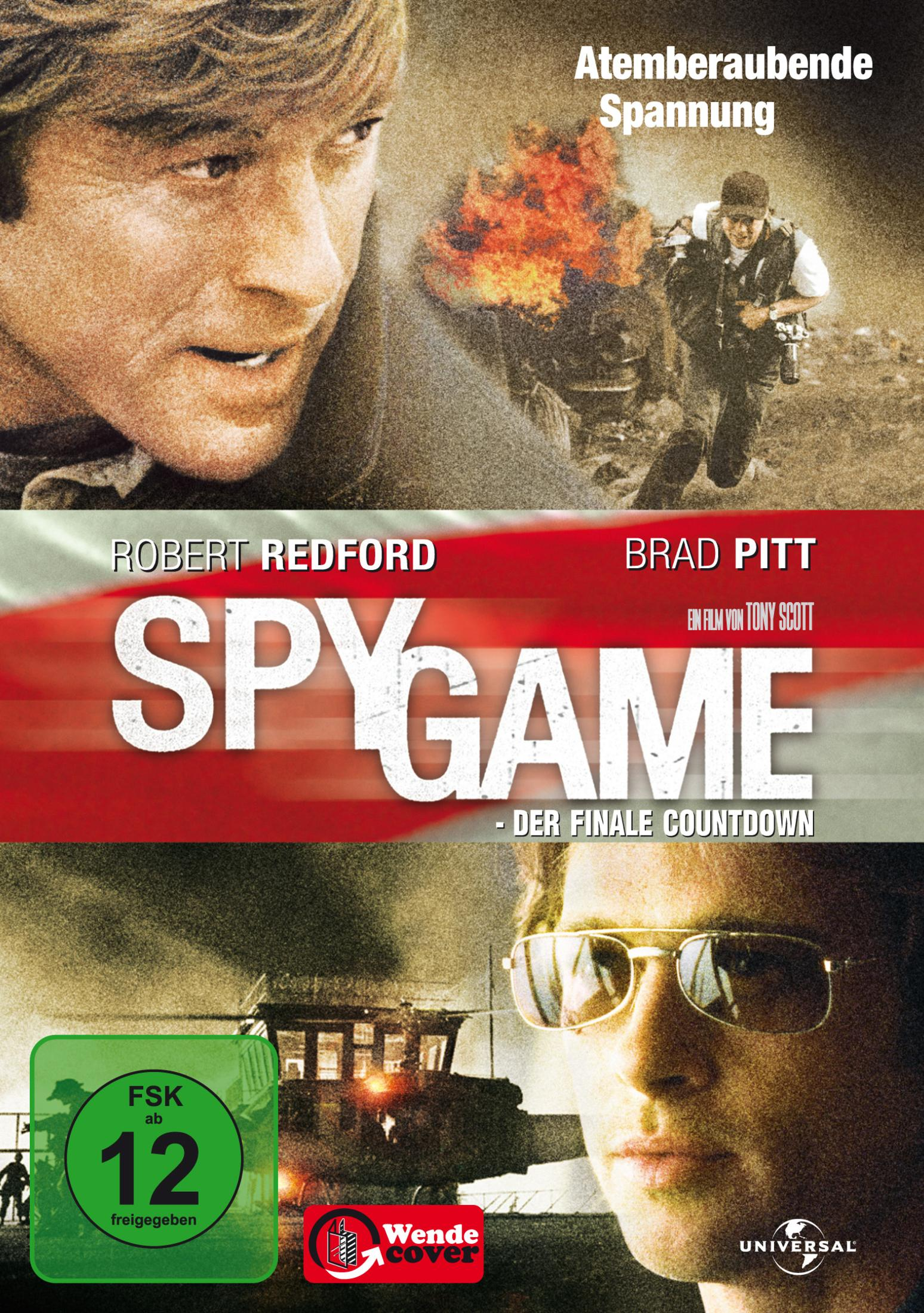 DVD-Cover von Spy Game mit Robert Redford und Brad Pitt, Explosionsszene und Texten.