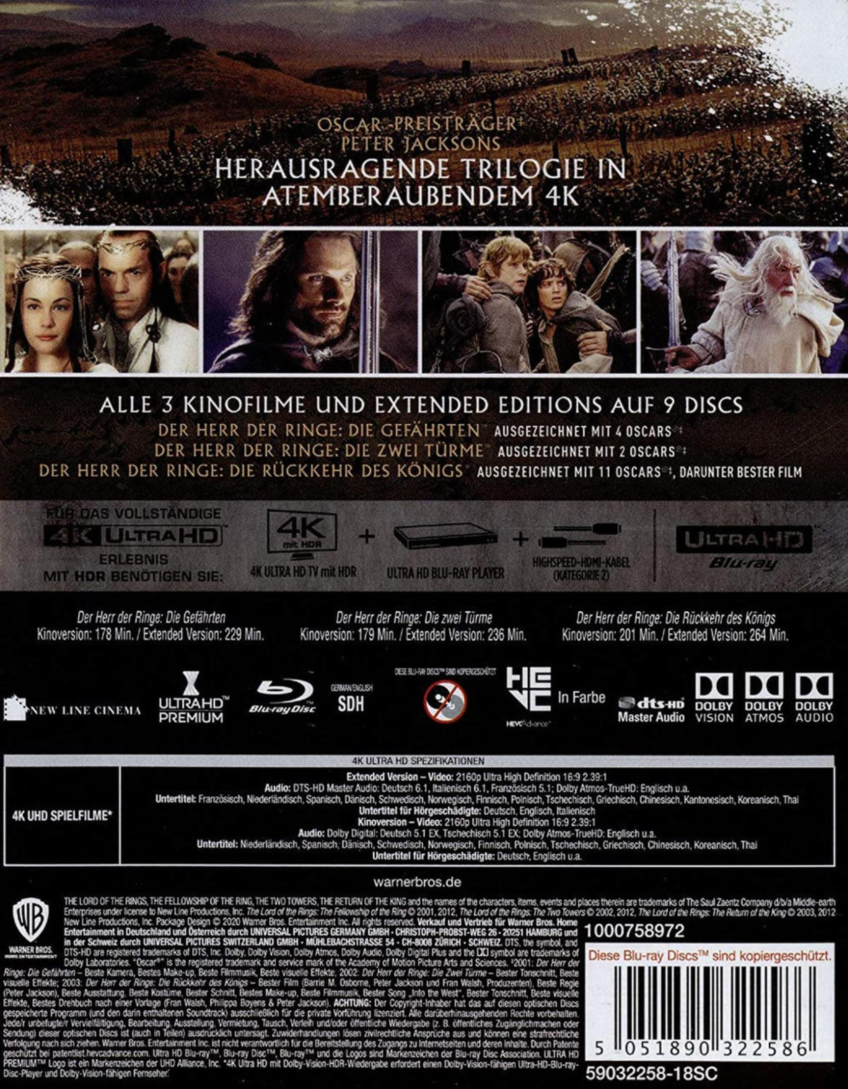 Rückseite der Herr der Ringe 4K UHD Blu-ray Box mit Szenenbildern, Texten und technischen Angaben.
