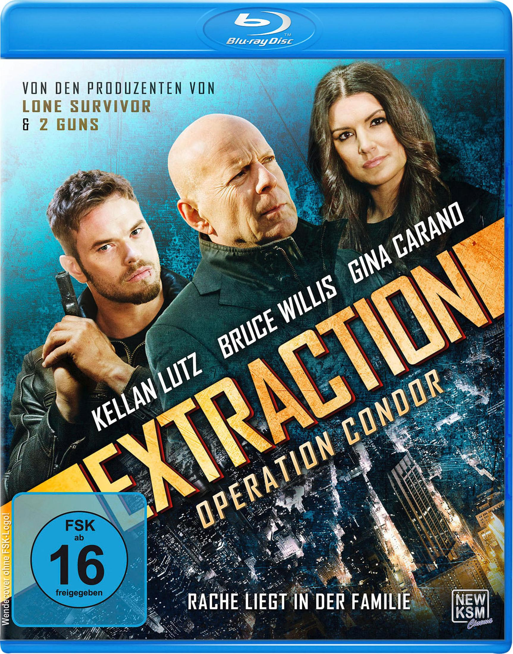 Blu-ray-Cover des Films Extraction mit Kellan Lutz, Bruce Willis und Gina Carano vor nächtlicher Skyline.