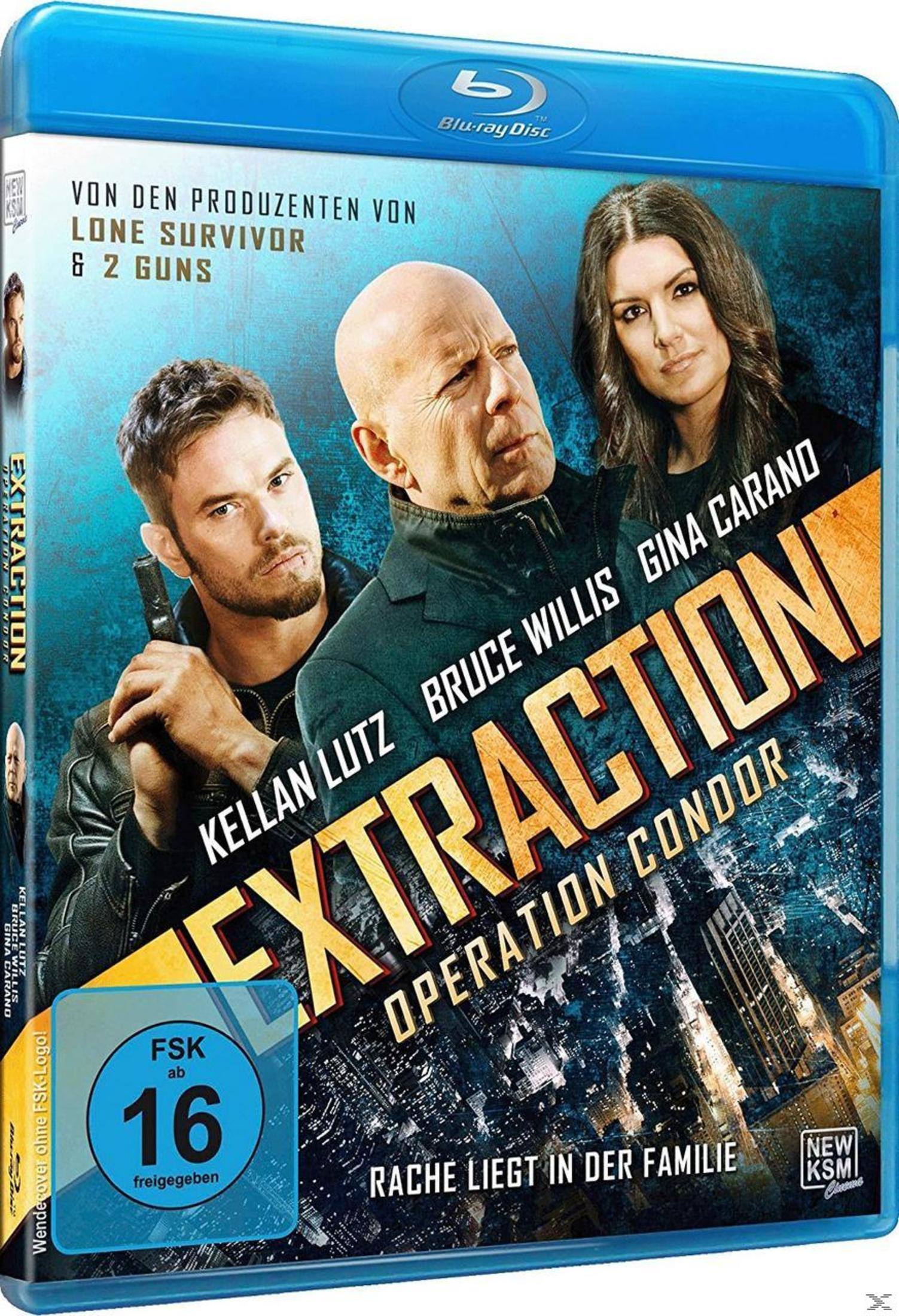 Blu-ray-Cover des Films Extraction mit Kellan Lutz, Bruce Willis und Gina Carano vor nächtlicher Stadt.