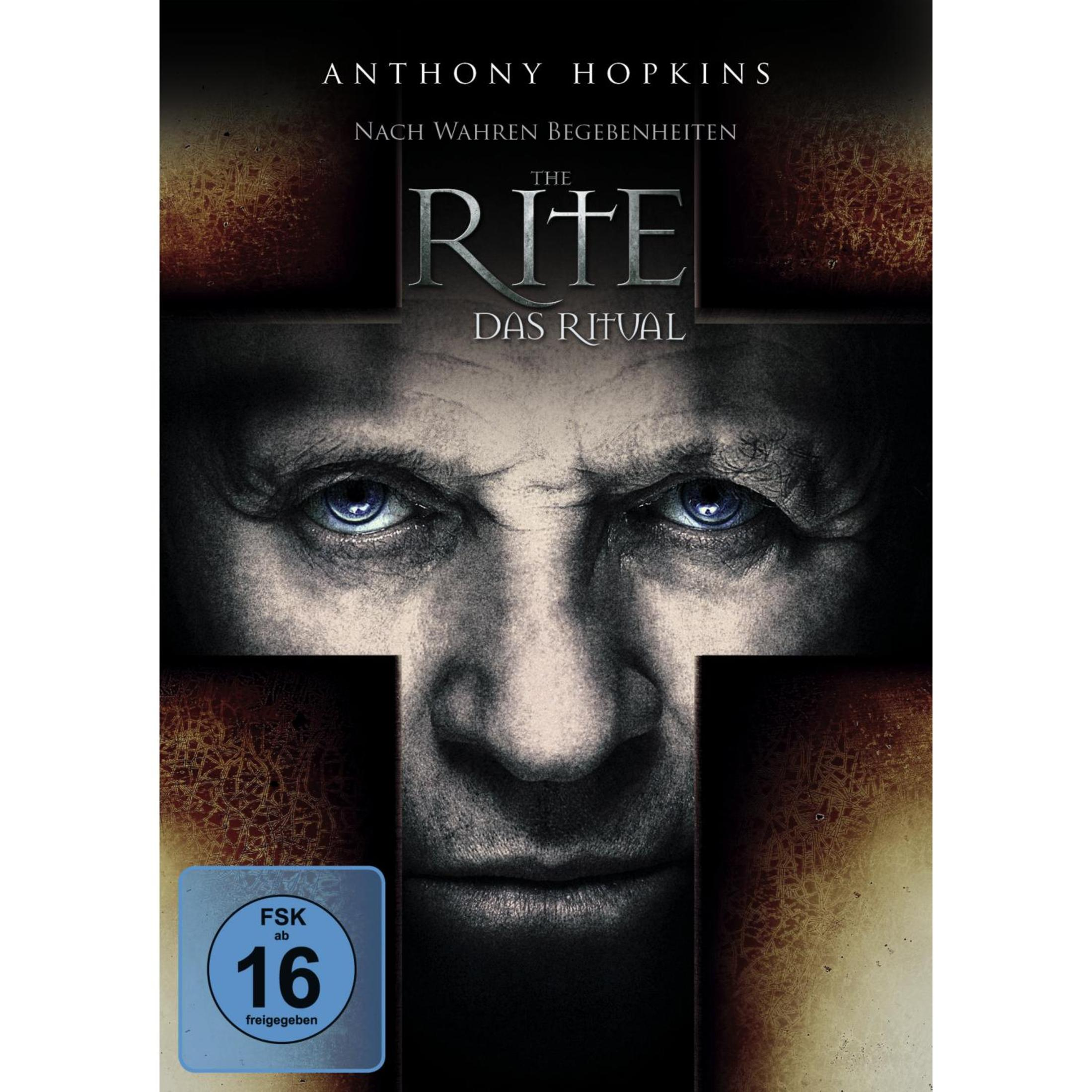 Filmposter zu The Rite mit einer Nahaufnahme von Anthony Hopkins Gesicht hinter einem dunklen Kreuz.