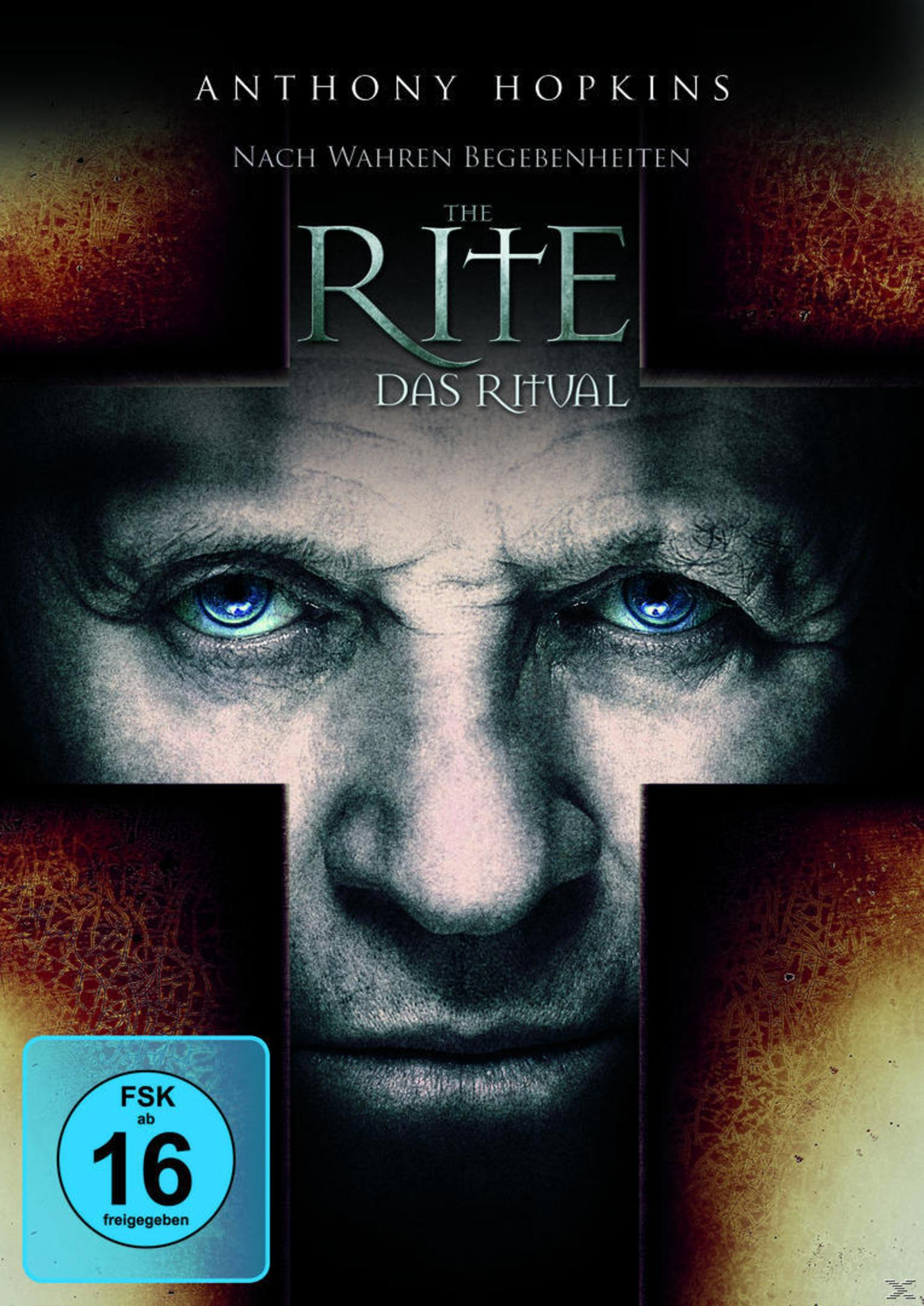 Filmposter zu The Rite mit Anthony Hopkins' Gesicht und stechend blauen Augen, eingerahmt in ein dunkles Kreuz.