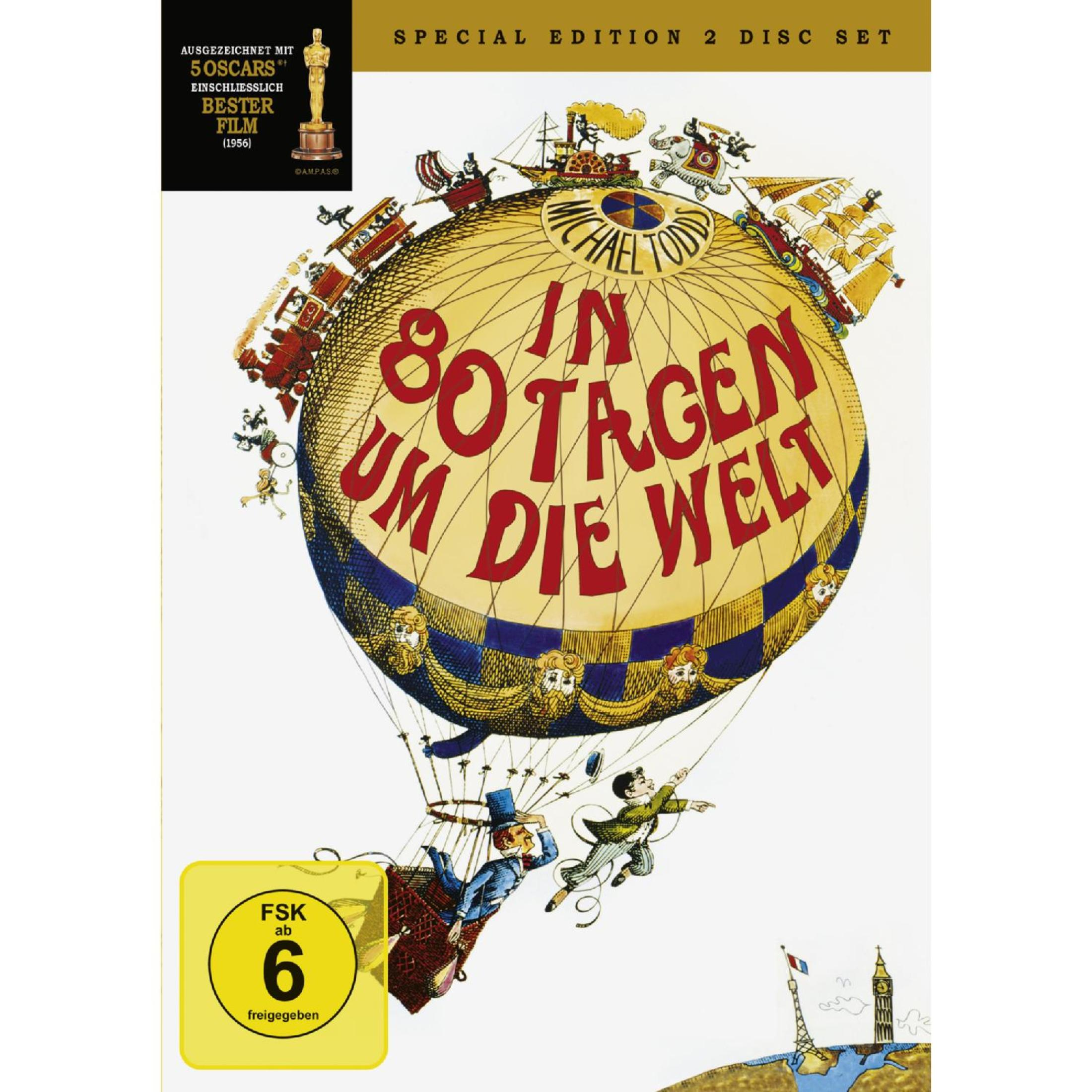 DVD-Cover von "In 80 Tagen um die Welt" mit Heißluftballon und verschiedenen Verkehrsmitteln.