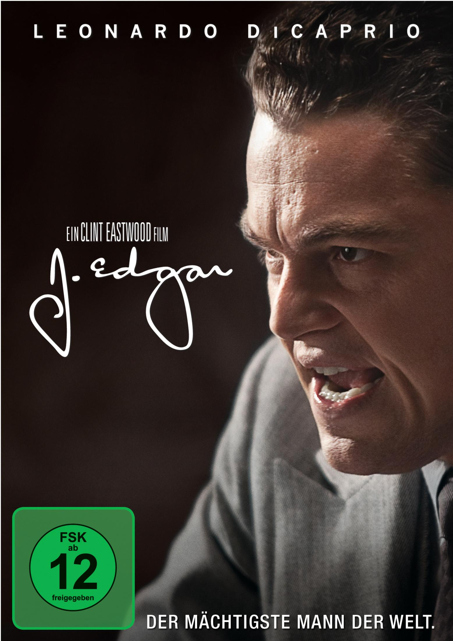 Leonardo DiCaprio als J. Edgar Hoover in einer Filmplakat-Nahaufnahme.