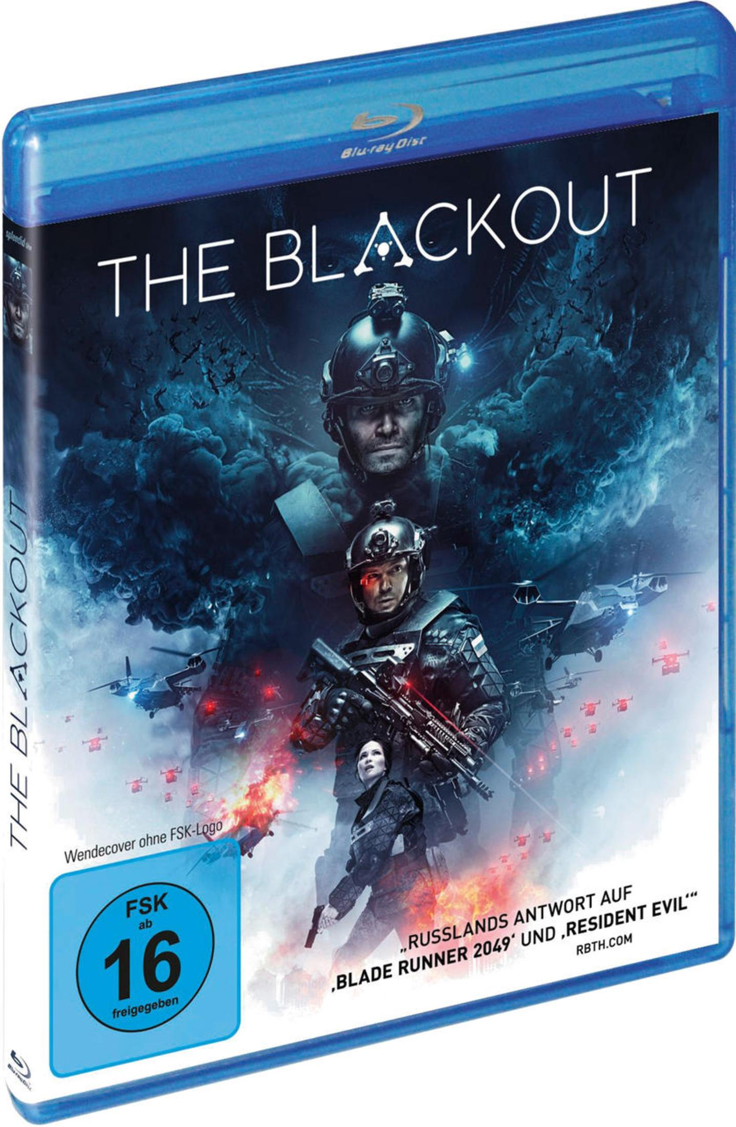 Blu-ray-Hülle für 'The Blackout' mit Soldaten, Hubschraubern und Explosionen vor dunklem, rauchigem Hintergrund.