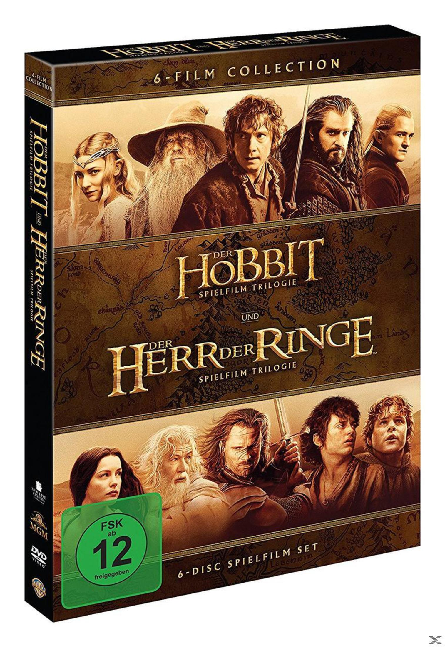 DVD-Box der Hobbit und Der Herr der Ringe 6-Film-Kollektion mit Charakteren auf braunem Hintergrund.