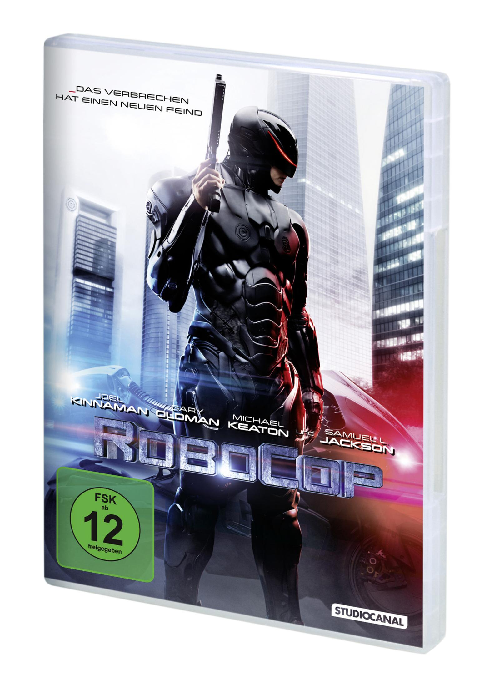 RoboCop stehend vor Wolkenkratzern mit Pistole und Motorrad, Filmposter-Design.